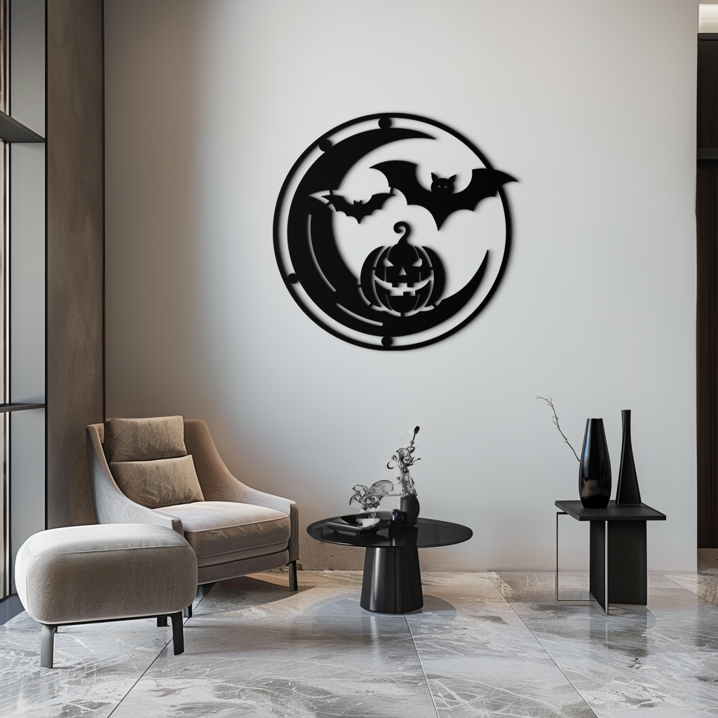 Halloween Bat Pumpkin Metal Wall Art – Spooky Jack-O'-Lantern Steel Decor- KAF371