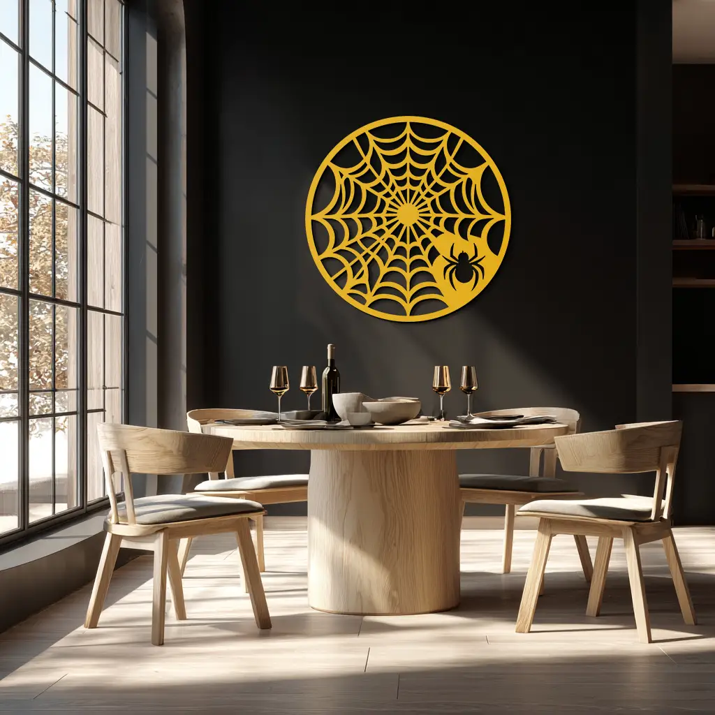 Spider Web Metal Wall Art – Round Halloween Spider Decoration- KAF372