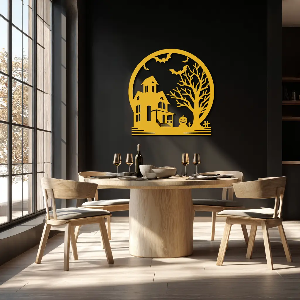 Haunted House & Bat Scene Metal Wall Art – Spooky Halloween Decor- KAF373