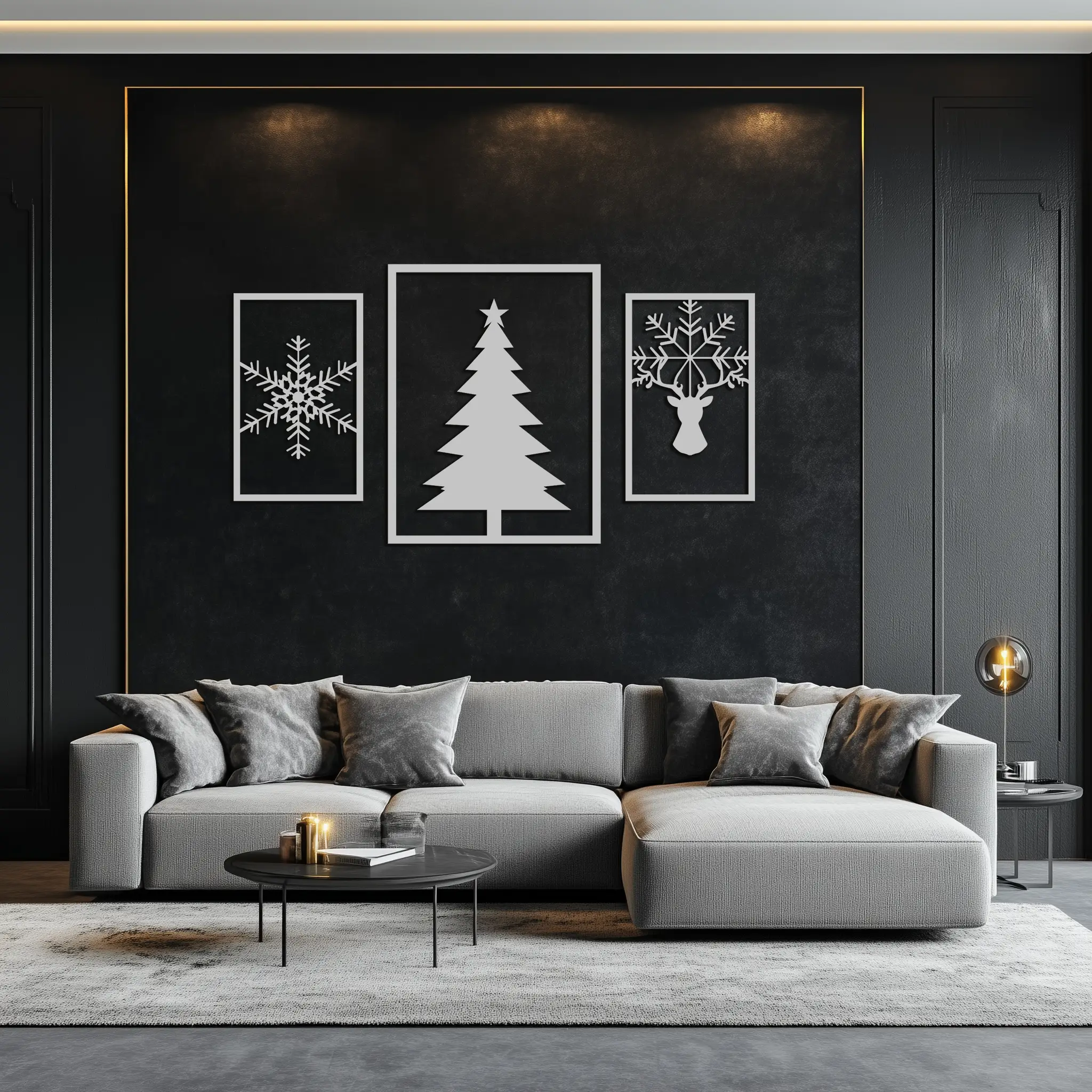 Christmas Tree & Reindeer Metal Wall Art Set – 3 Piece Modern Holiday Decor- KAF377