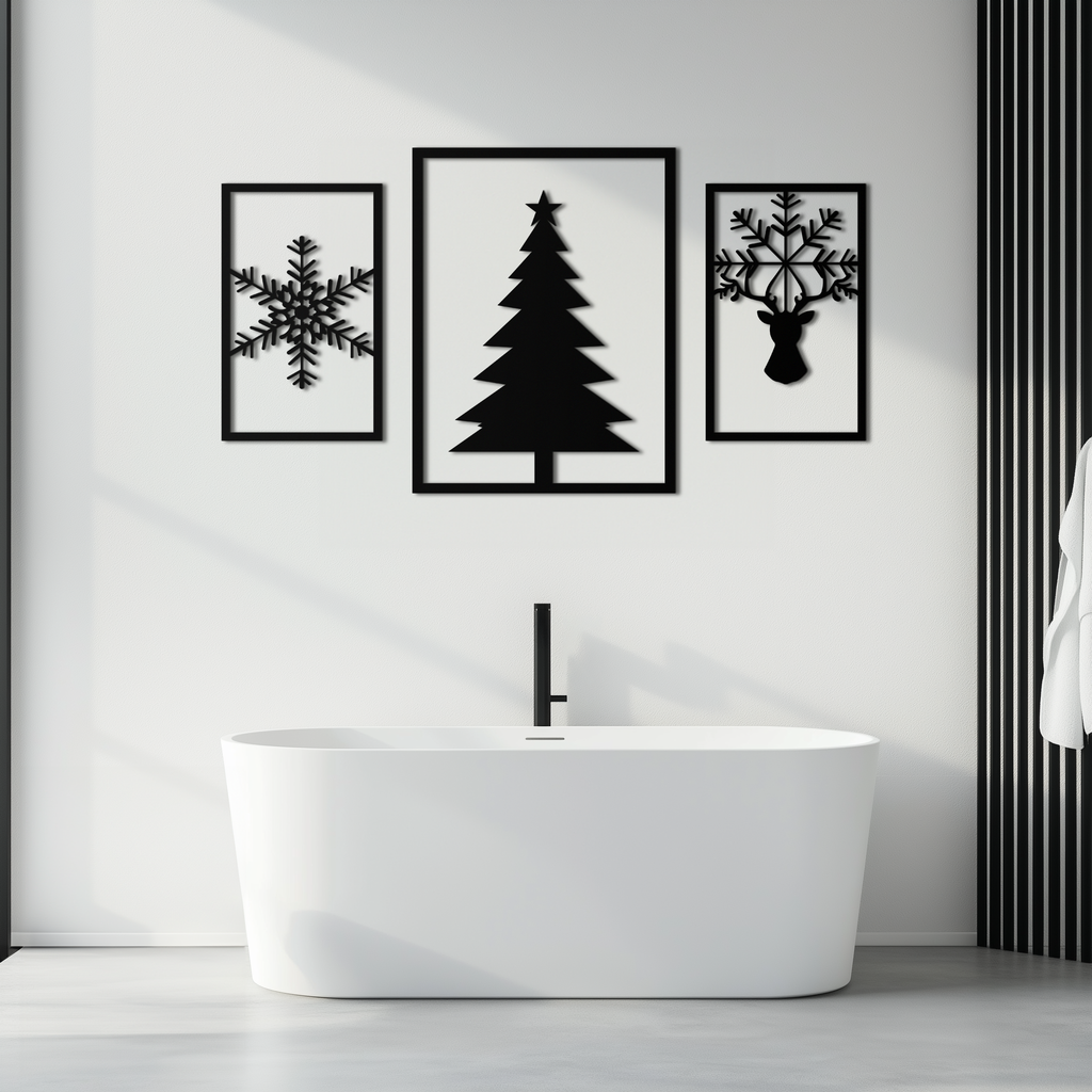 Christmas Tree & Reindeer Metal Wall Art Set – 3 Piece Modern Holiday Decor- KAF377