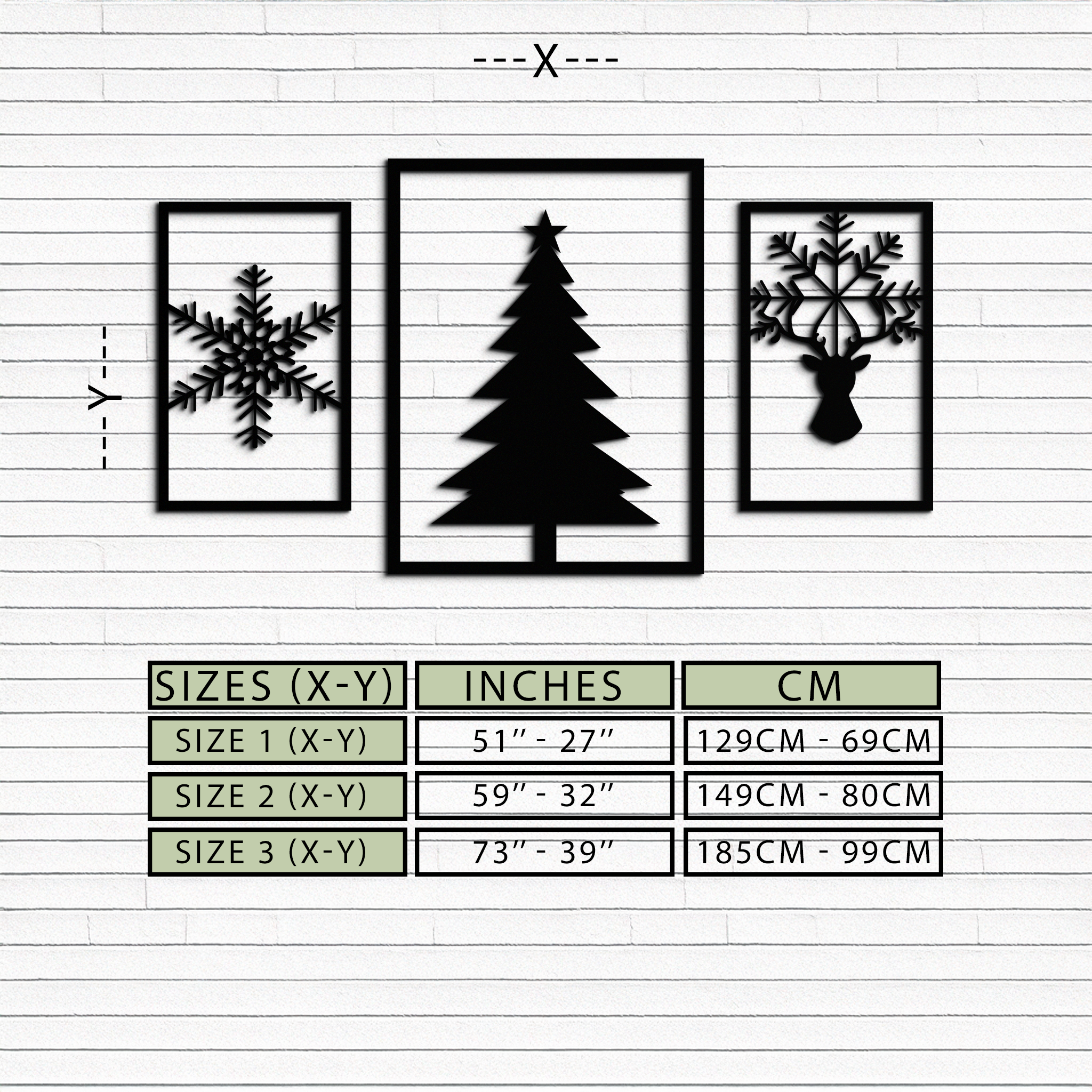 Christmas Tree & Reindeer Metal Wall Art Set – 3 Piece Modern Holiday Decor- KAF377