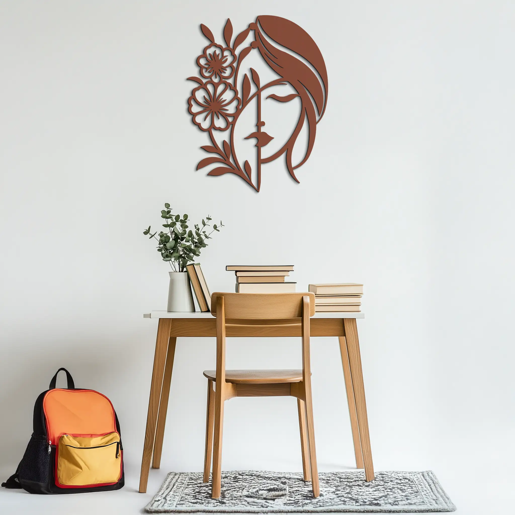 Woman with Flower Metal Wall Art – Elegant Female Silhouette Steel Decor- KAF385