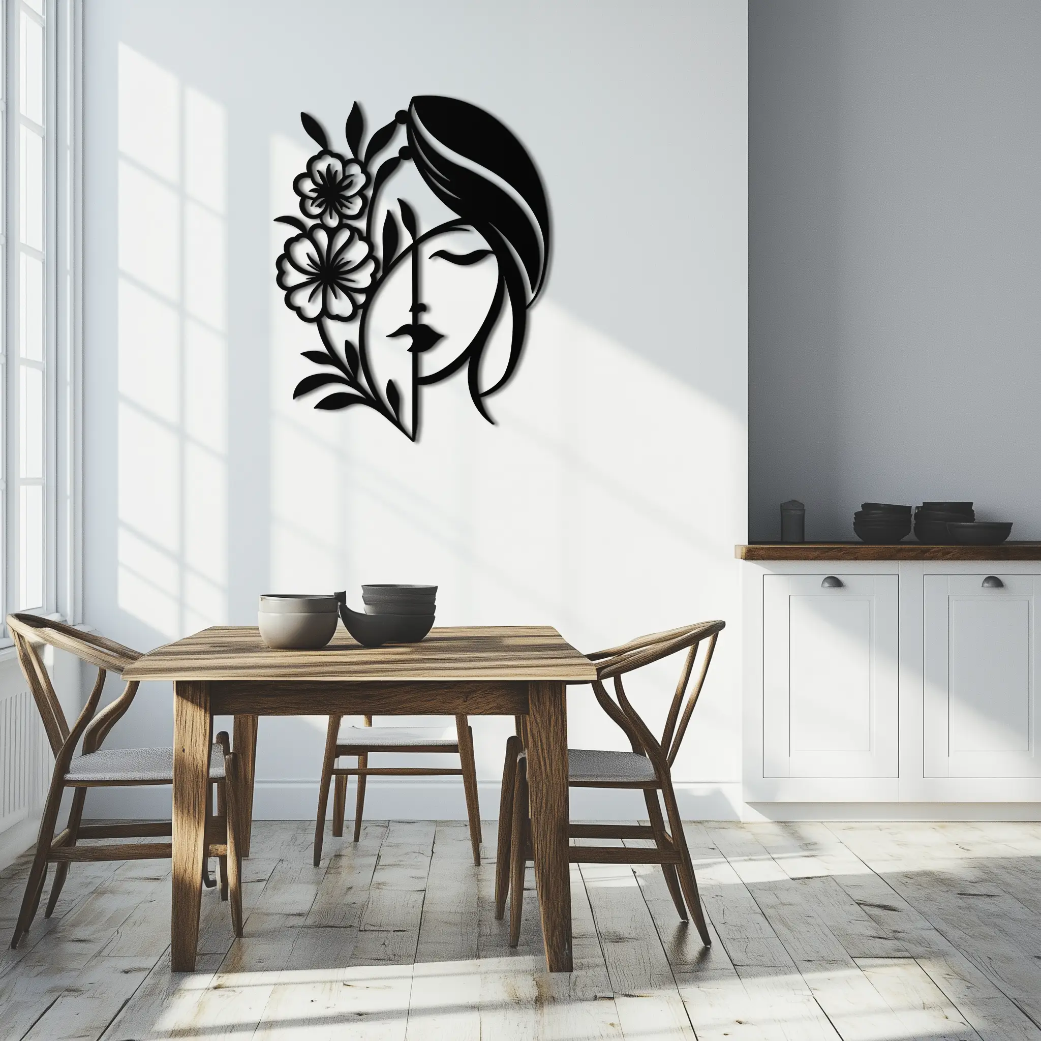Woman with Flower Metal Wall Art – Elegant Female Silhouette Steel Decor- KAF385