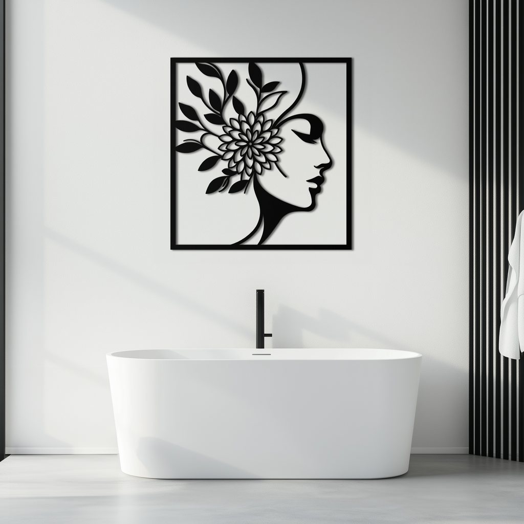 WOMAN WITH FLOWER Metal Wall Art – Modern Silhouette Steel Decor- KAF387
