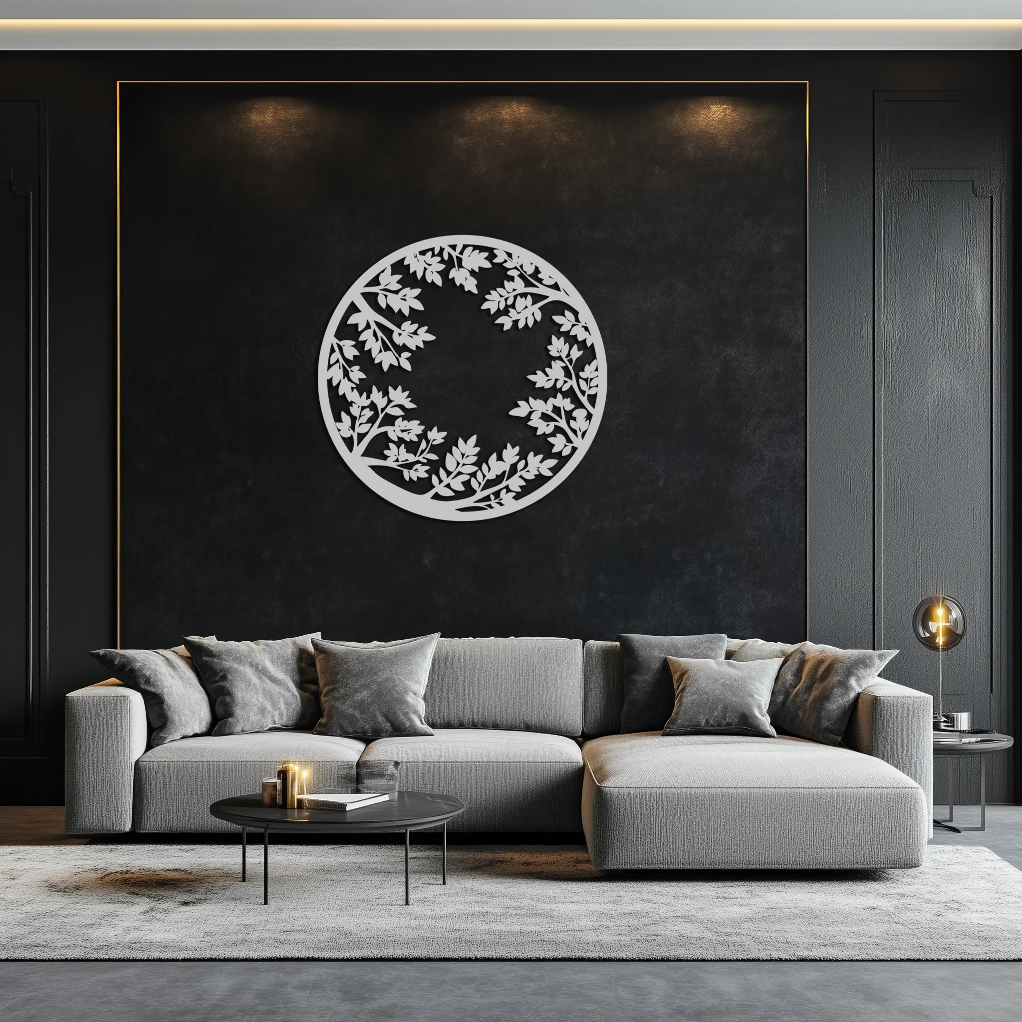 Round Leafy Branches Metal Wall Art – Nature Inspired Circular Black Steel Decor for Modern Interior and Garden- KAF411