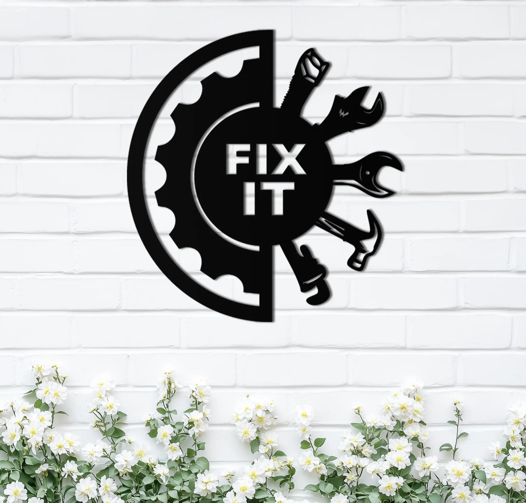 Fix It Tools Metal Wall Art – Industrial Gear & Hand Tools Silhouette Black Steel Decor for Garage or Workshop- KAF419