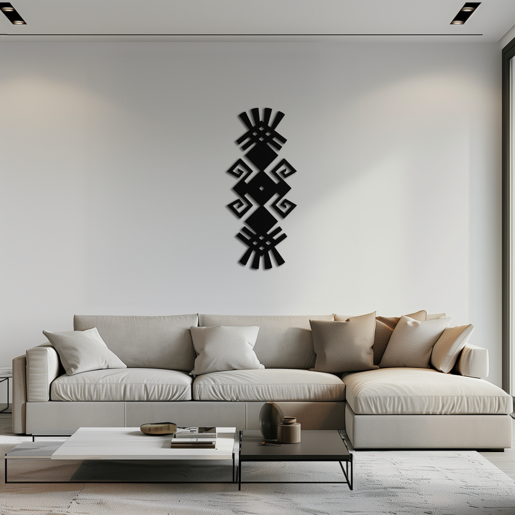 Tribal Ethnic Pattern Metal Wall Art – Abstract Geometric Black Steel Decor for Modern Bohemian Interiors- KAF432
