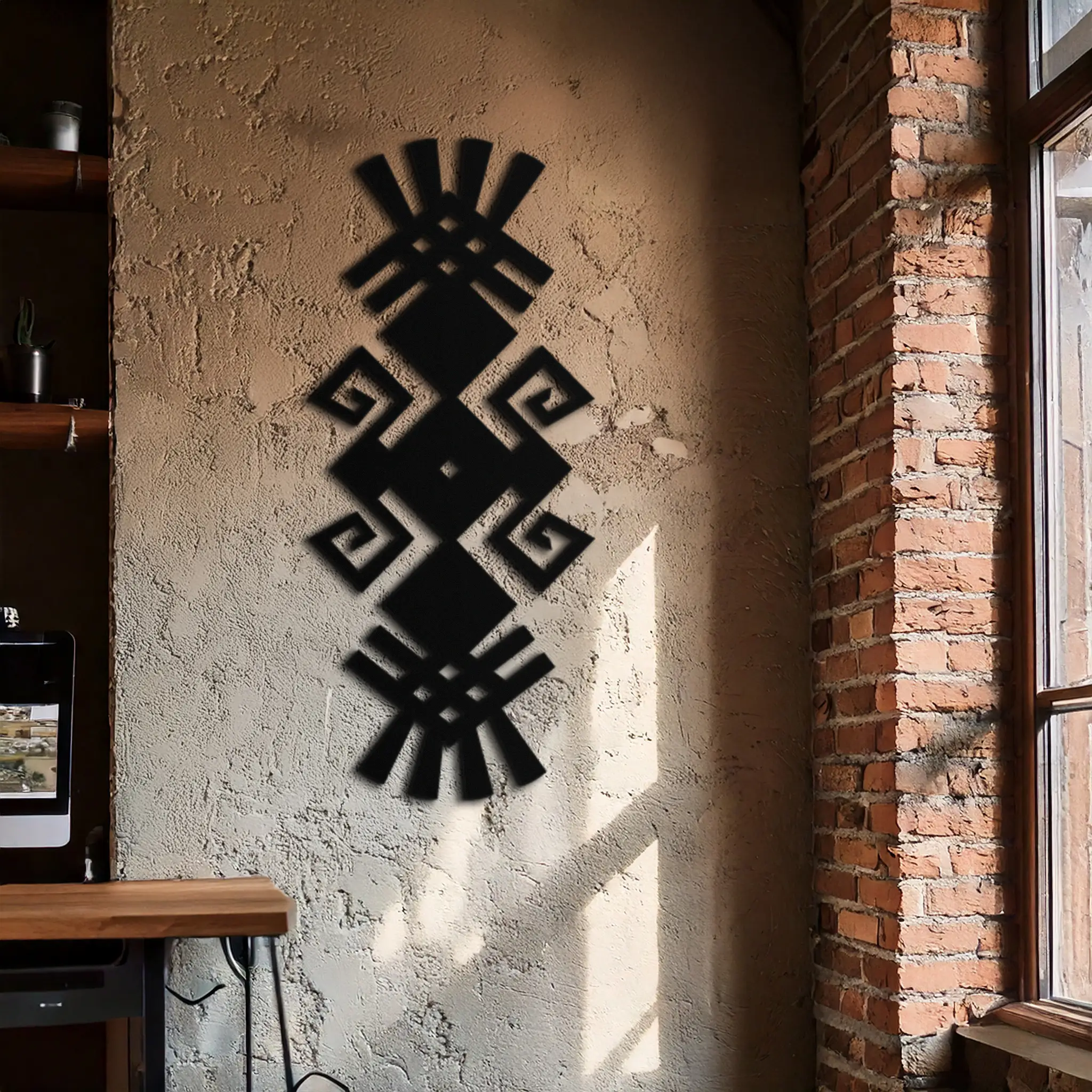 Tribal Ethnic Pattern Metal Wall Art – Abstract Geometric Black Steel Decor for Modern Bohemian Interiors- KAF432