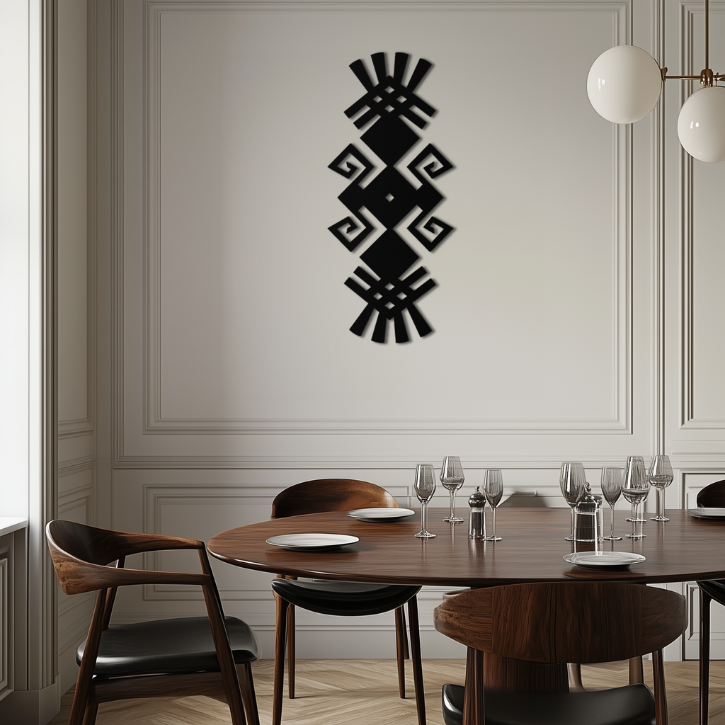 Tribal Ethnic Pattern Metal Wall Art – Abstract Geometric Black Steel Decor for Modern Bohemian Interiors- KAF432