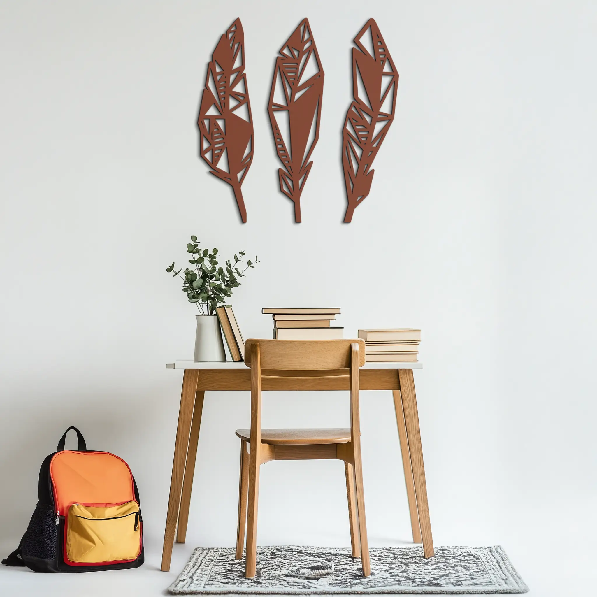 Geometric Feather Trio Metal Wall Art – Abstract Minimalist Black Steel Feather Set for Modern Bohemian Interiors- KAF434