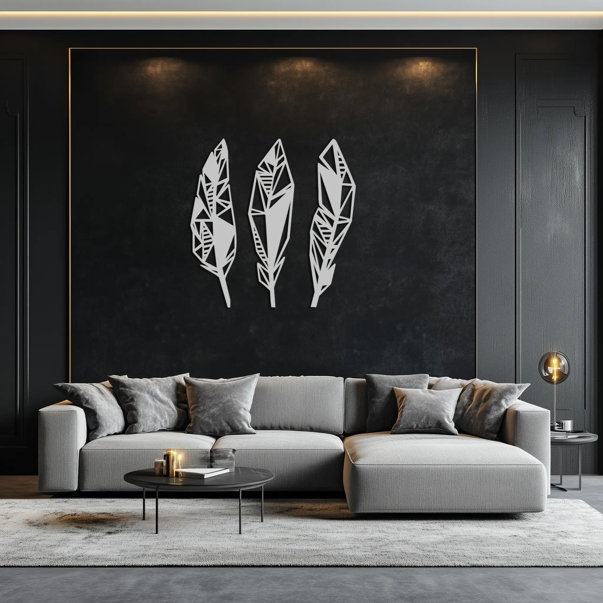 Geometric Feather Trio Metal Wall Art – Abstract Minimalist Black Steel Feather Set for Modern Bohemian Interiors- KAF434