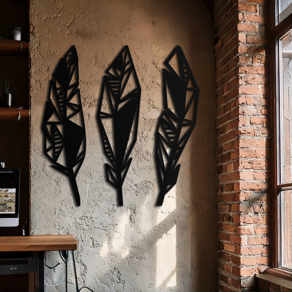 Geometric Feather Trio Metal Wall Art – Abstract Minimalist Black Steel Feather Set for Modern Bohemian Interiors- KAF434