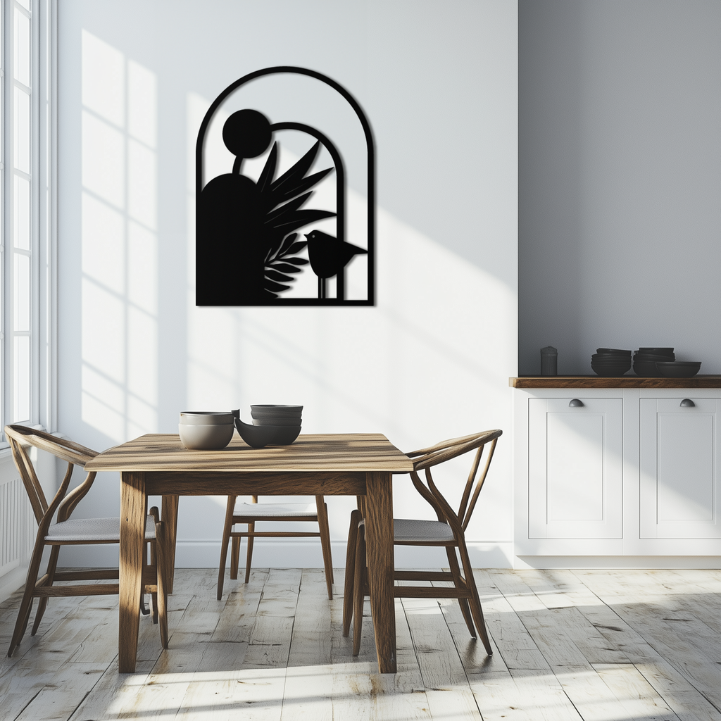 Modern Archway with Bird & Plants Metal Wall Art – Abstract Nature-Inspired Black Steel Decor for Contemporary Interiors- KAF438