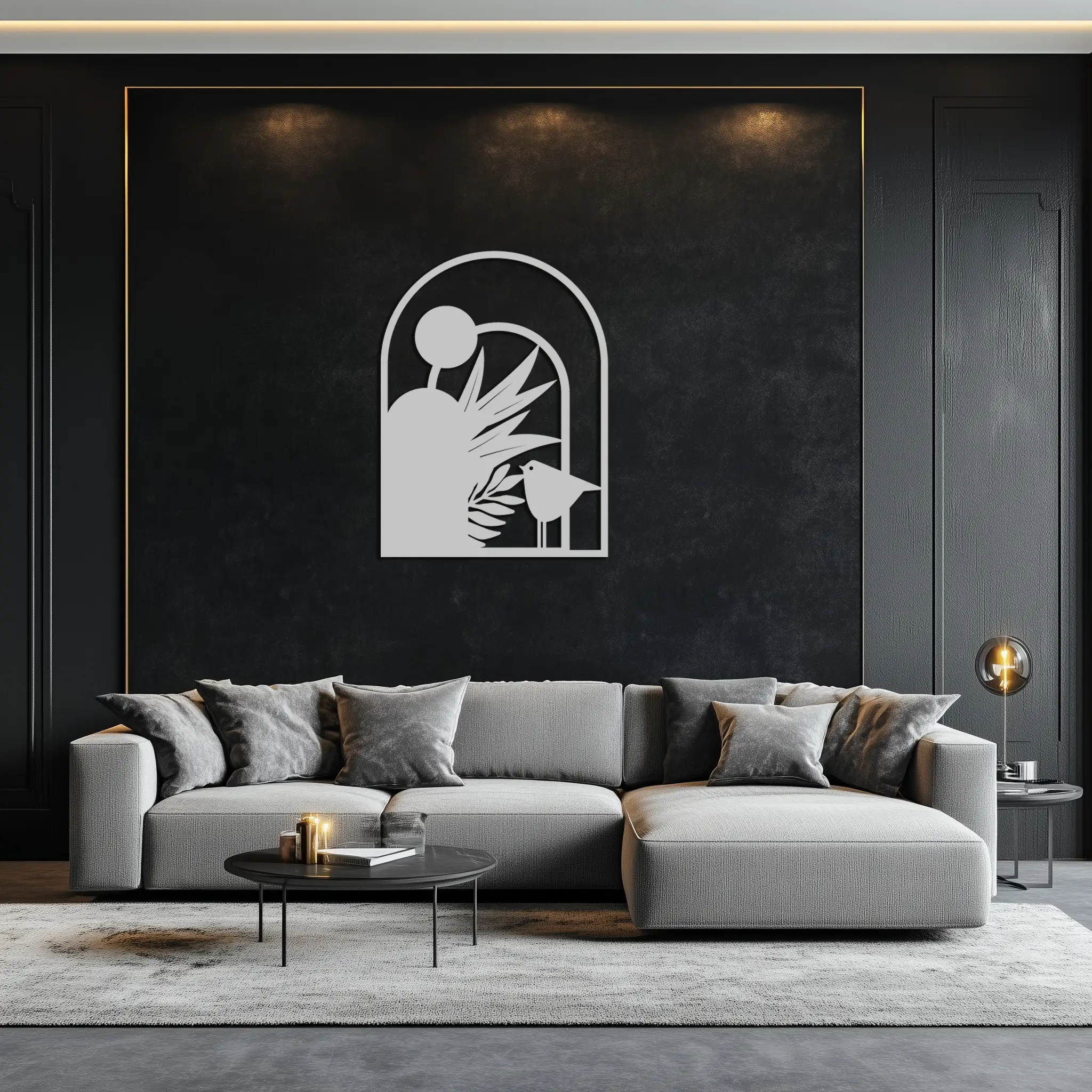 Modern Archway with Bird & Plants Metal Wall Art – Abstract Nature-Inspired Black Steel Decor for Contemporary Interiors- KAF438