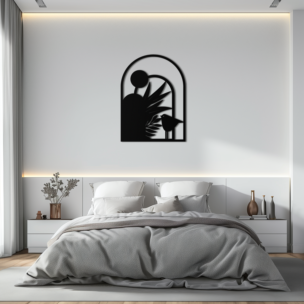 Modern Archway with Bird & Plants Metal Wall Art – Abstract Nature-Inspired Black Steel Decor for Contemporary Interiors- KAF438
