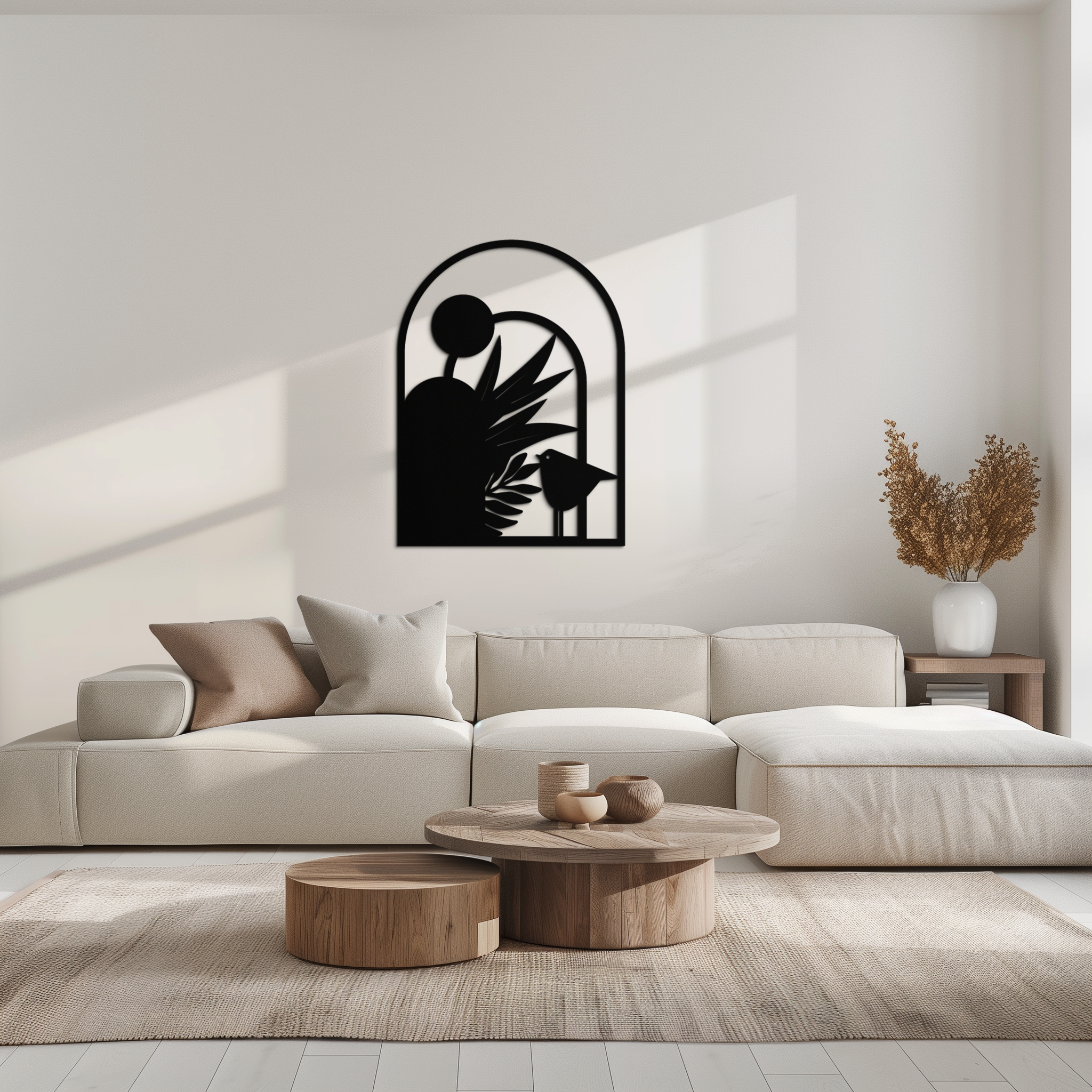 Modern Archway with Bird & Plants Metal Wall Art – Abstract Nature-Inspired Black Steel Decor for Contemporary Interiors- KAF438