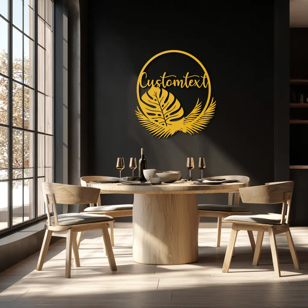 Personalized Tropical Leaves Metal Wall Art – Custom Text Circular Black Steel Decor for Modern Home and Event Spaces- KAF444