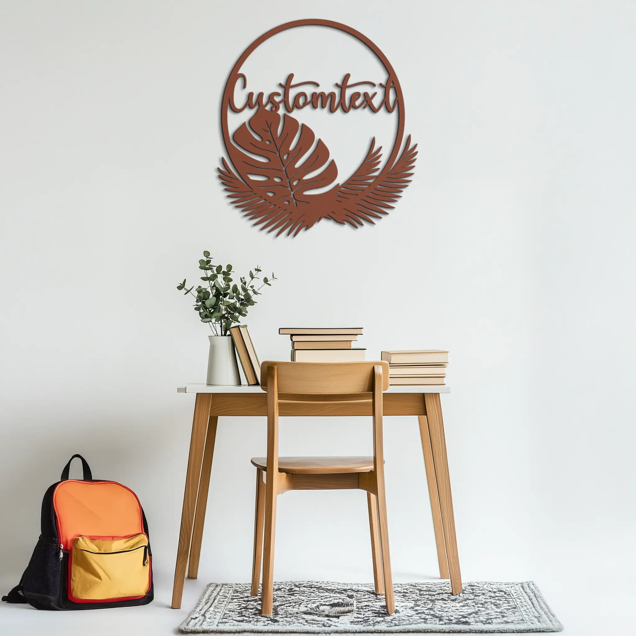 Personalized Tropical Leaves Metal Wall Art – Custom Text Circular Black Steel Decor for Modern Home and Event Spaces- KAF444