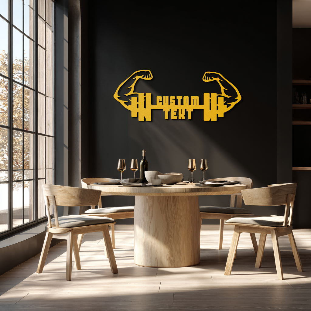 Personalized Fitness Barbell Metal Wall Art – Custom Text Muscular Arms Black Steel Decor for Gym and Workout Spaces- KAF448