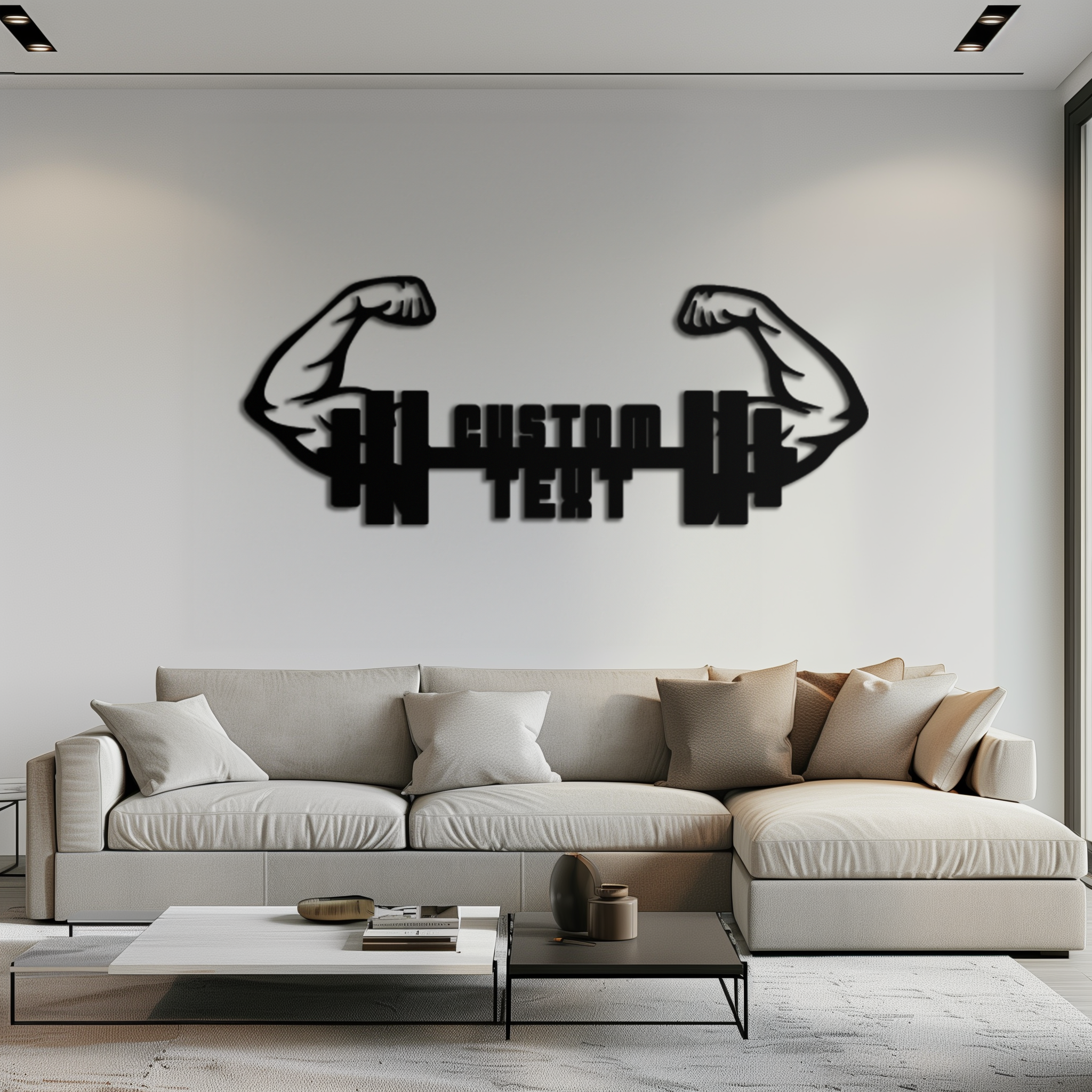 Personalized Fitness Barbell Metal Wall Art – Custom Text Muscular Arms Black Steel Decor for Gym and Workout Spaces- KAF448