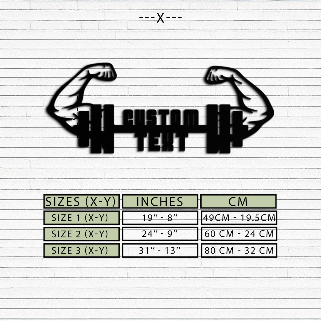 Personalized Fitness Barbell Metal Wall Art – Custom Text Muscular Arms Black Steel Decor for Gym and Workout Spaces- KAF448