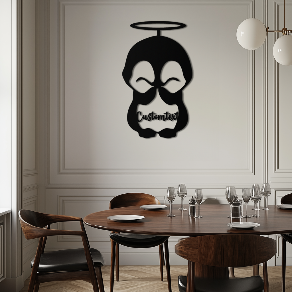 Personalized Cute Angel Penguin Metal Wall Art – Custom Text Adorable Black Steel Decor for Kids Rooms and Nurseries- KAF449