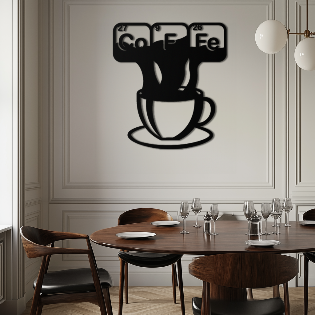 Coffee Elements Chemistry Metal Wall Art – Scientific Coffee Cup Black Steel Decor for Kitchens, Cafés, and Offices- KAF462