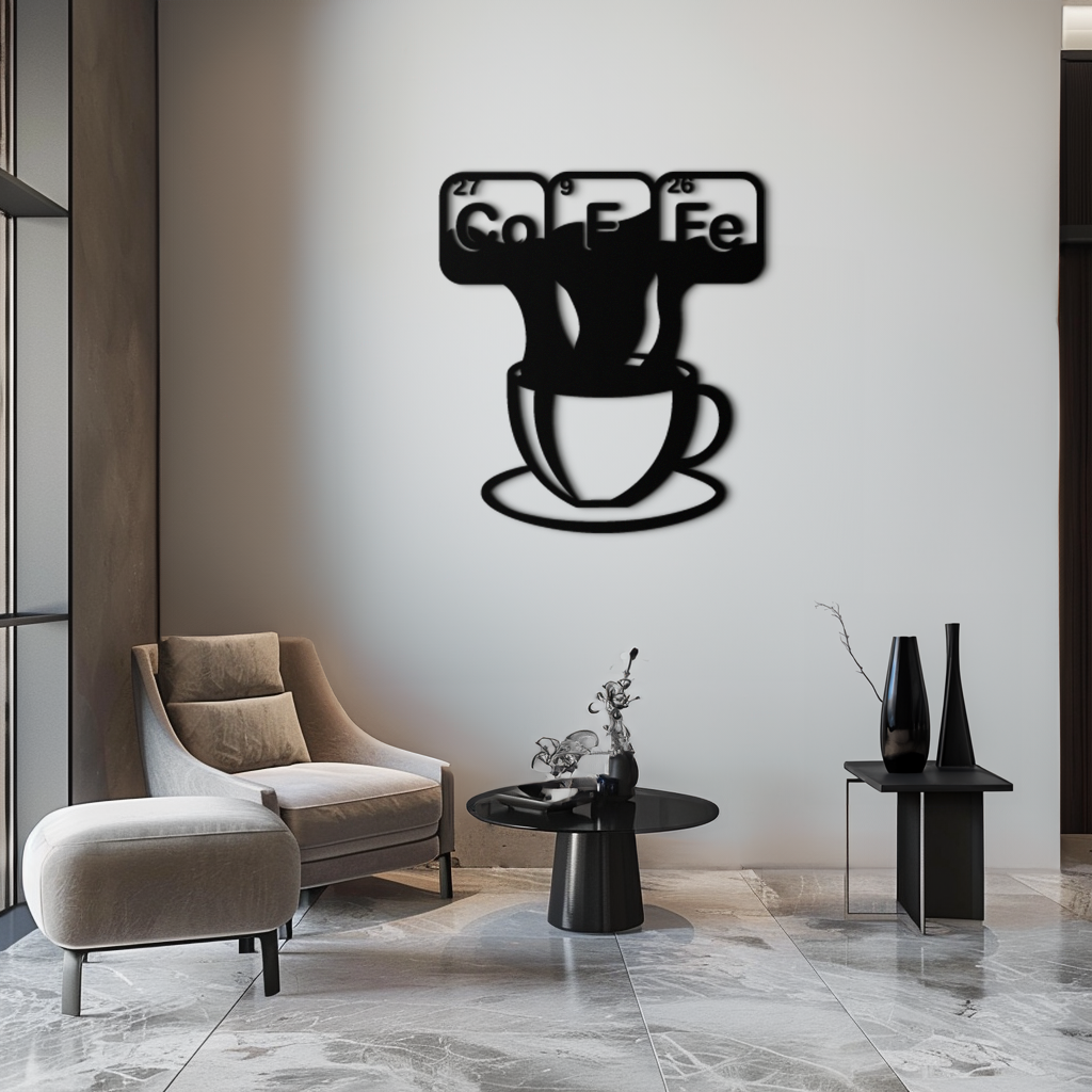 Coffee Elements Chemistry Metal Wall Art – Scientific Coffee Cup Black Steel Decor for Kitchens, Cafés, and Offices- KAF462