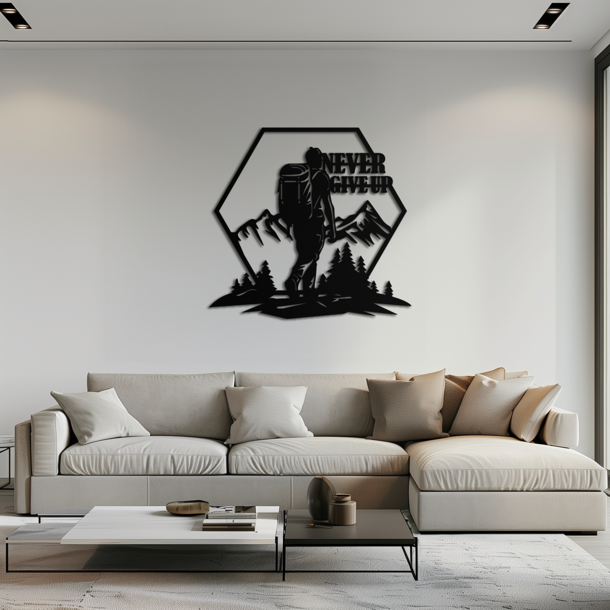 Never Give Up Hiking Metal Wall Art – Motivational Mountain Hiker Black Steel Decor for Adventure Lovers and Outdoor Enthusiasts- KAF463