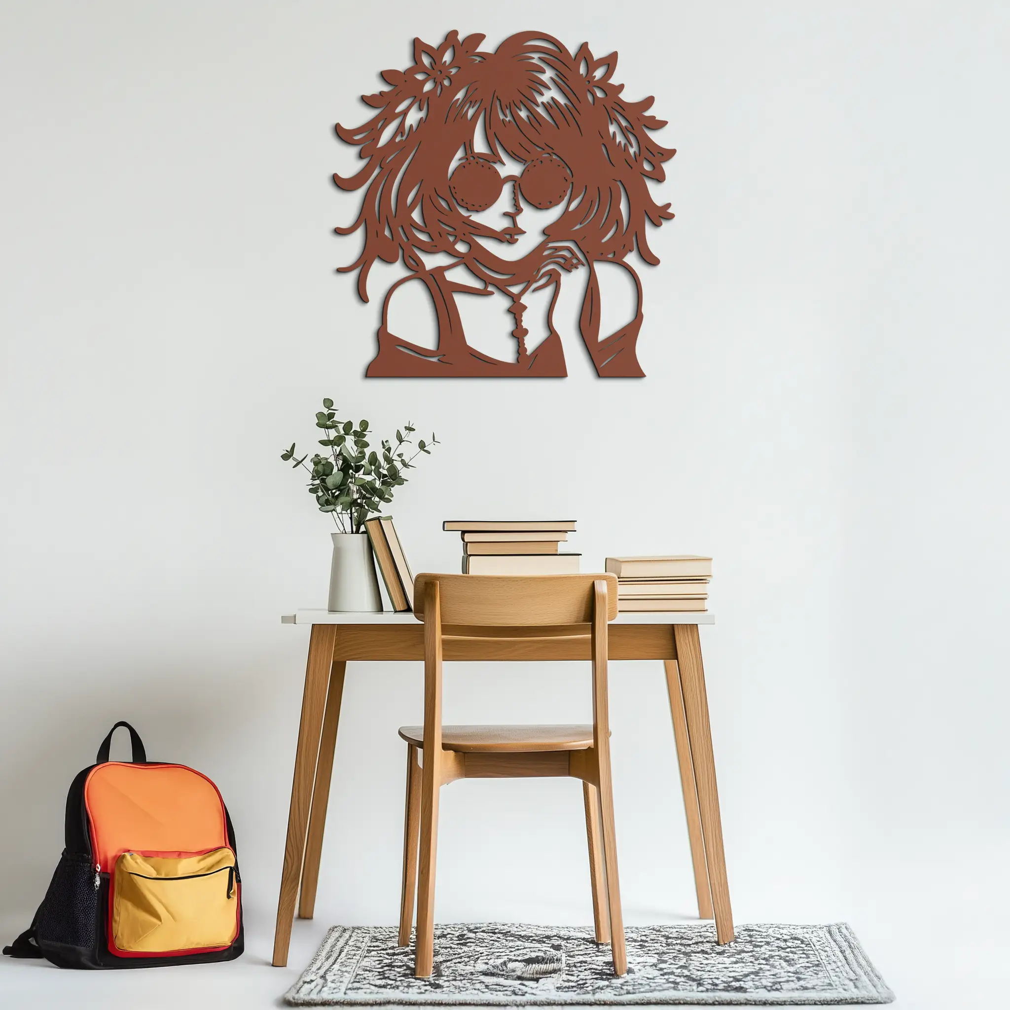 Anime Girl Silhouette Metal Wall Art – Black Steel Artistic Modern Home Decor- KAF490