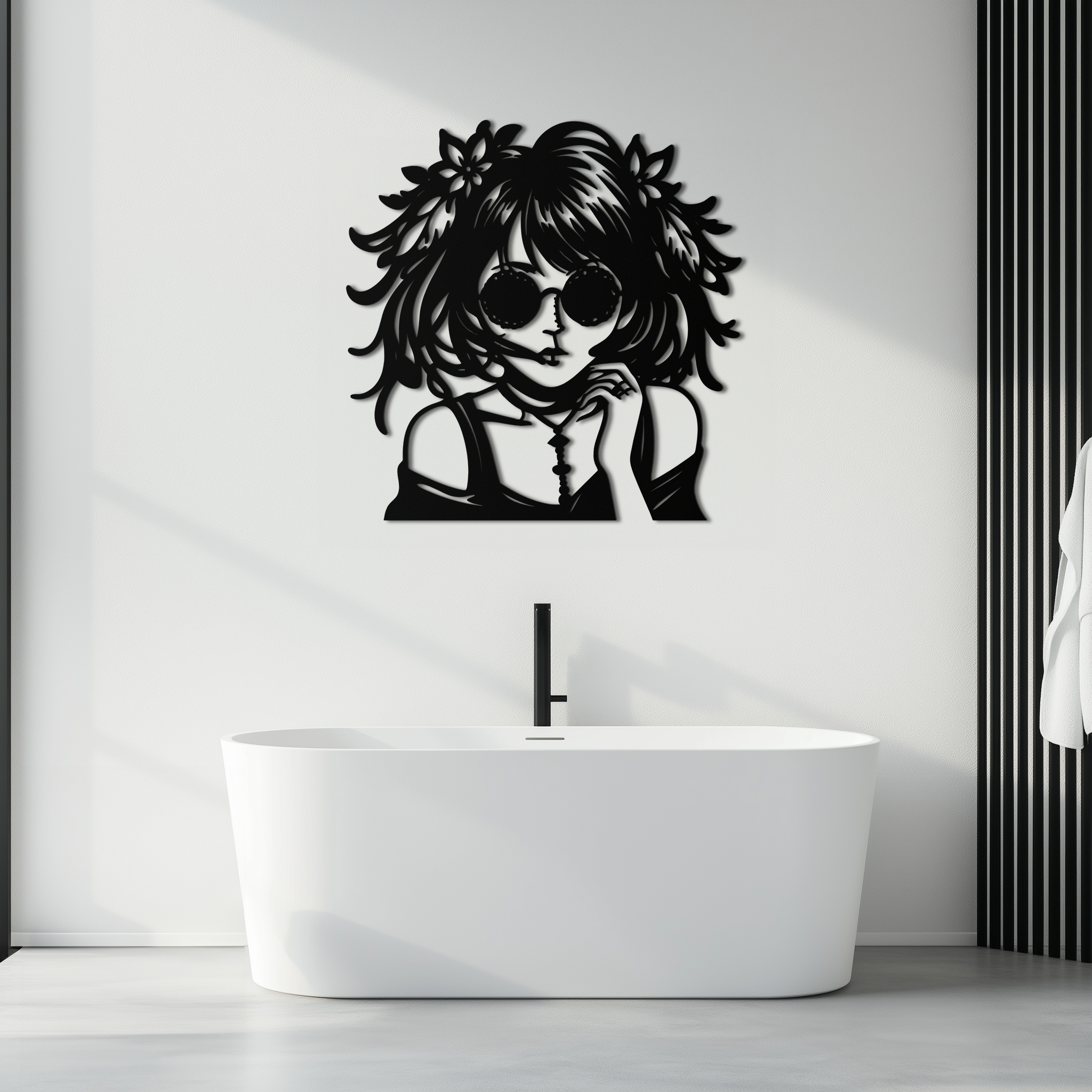Anime Girl Silhouette Metal Wall Art – Black Steel Artistic Modern Home Decor- KAF490