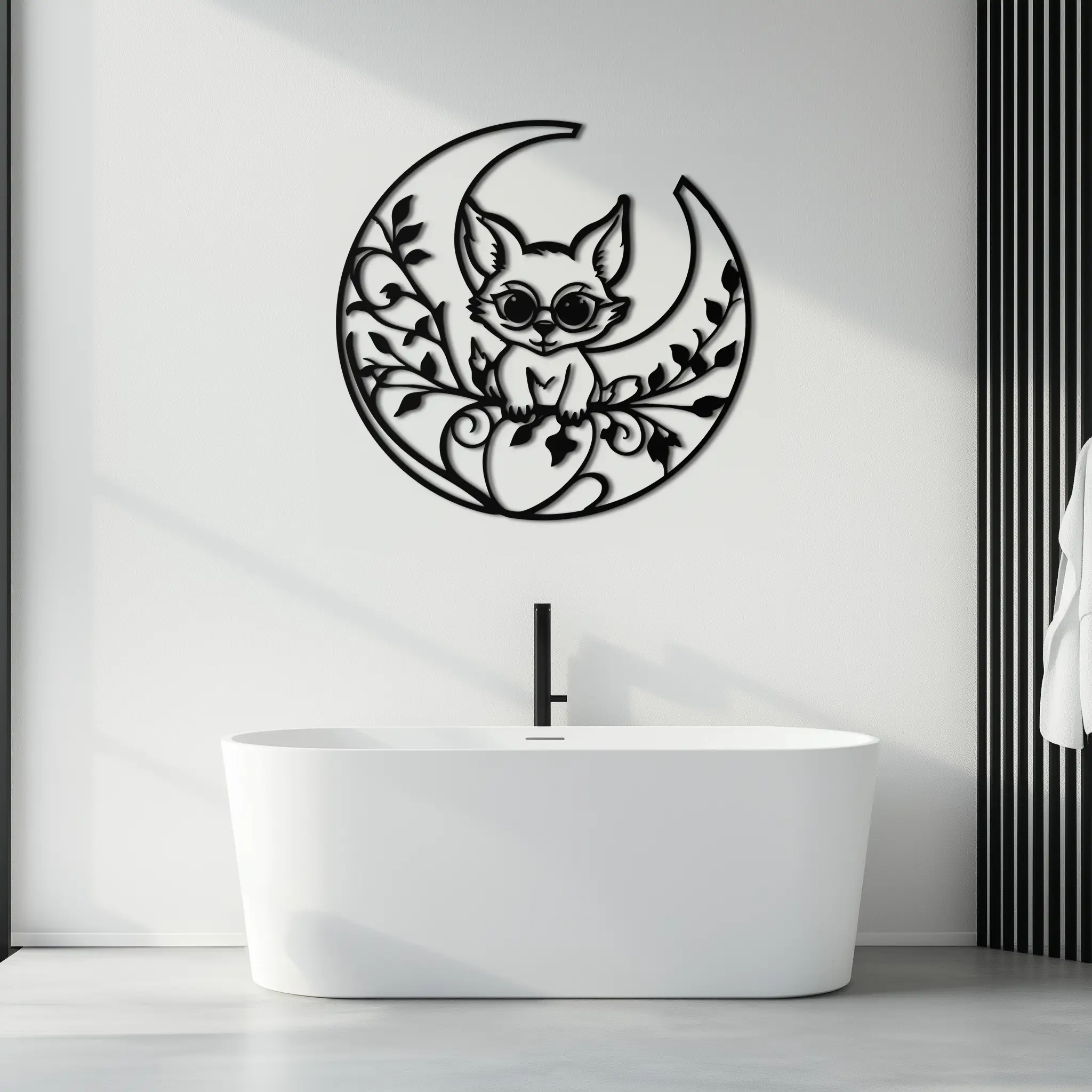 Moon Cat Silhouette Metal Wall Art – Black Steel Whimsical Pet Lover Decor- KAF492