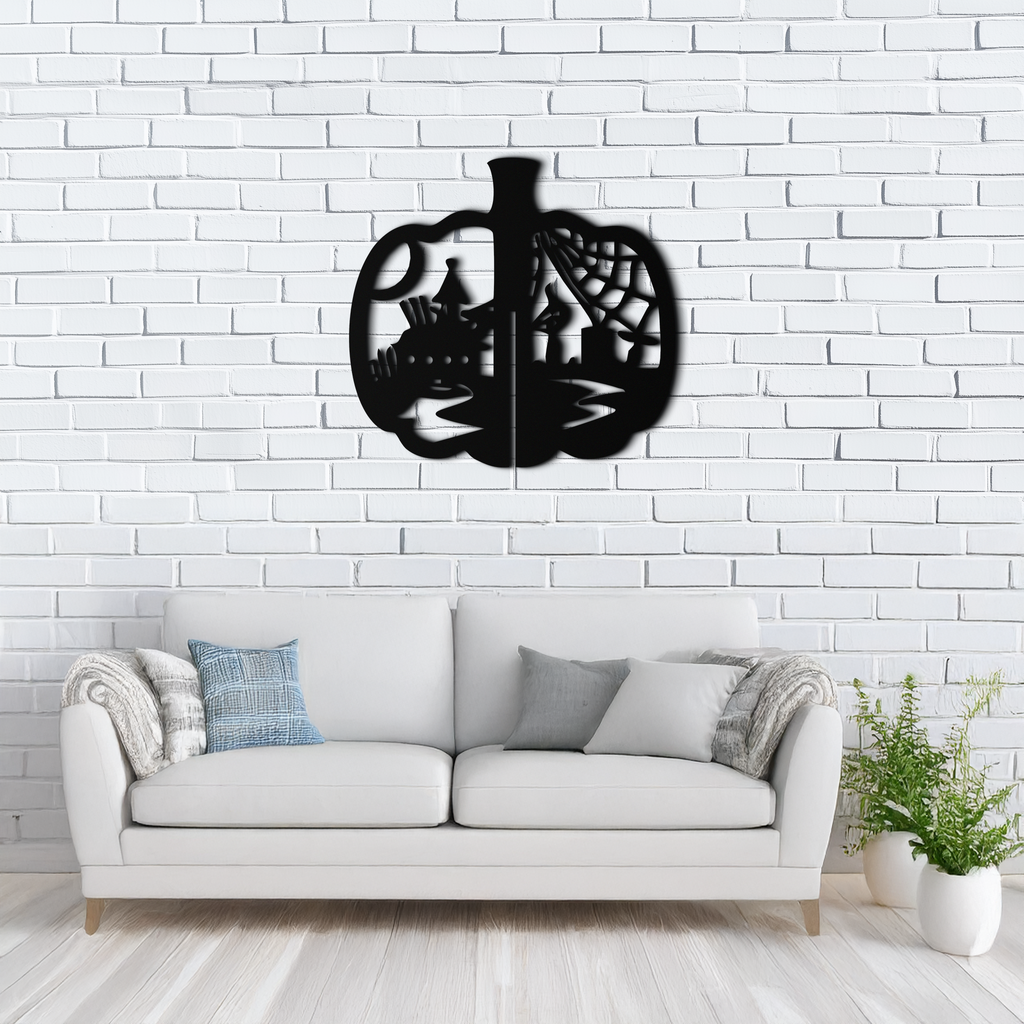 Halloween Pumpkin Metal Wall Art – Spooky Black Steel Halloween Decor- KAF498
