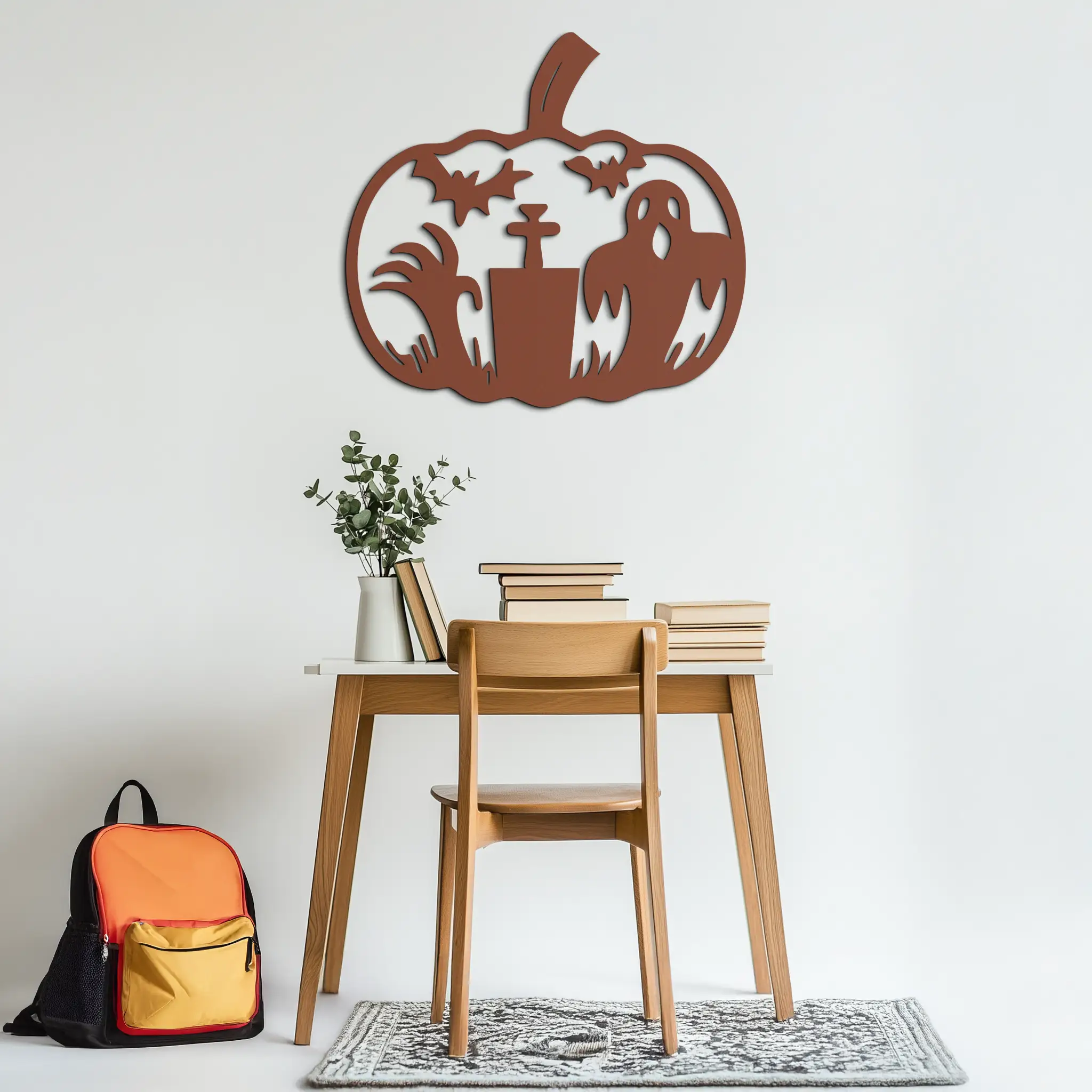 Halloween Ghost Pumpkin Metal Wall Art – Black Steel Spooky Holiday Decoration- KAF503