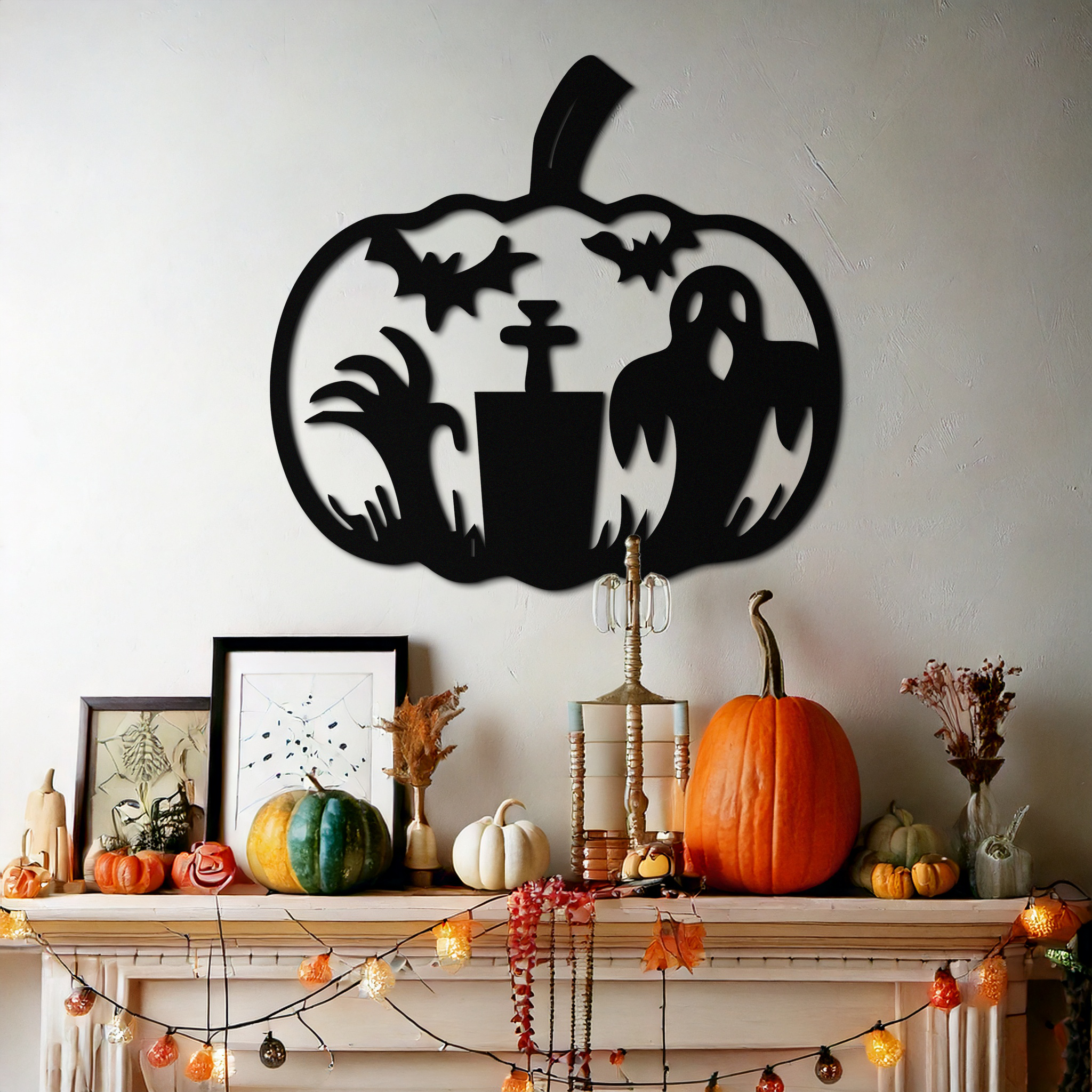 Halloween Ghost Pumpkin Metal Wall Art – Black Steel Spooky Holiday Decoration- KAF503