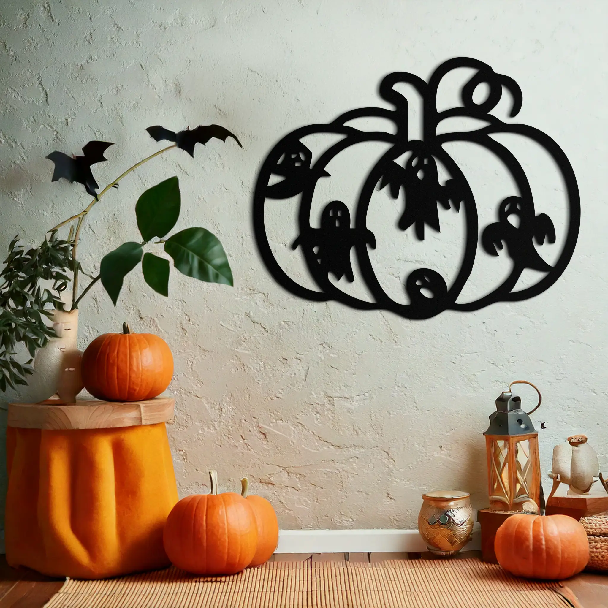 Halloween Pumpkin and Ghosts Metal Wall Art – Spooky Black Steel Decoration- KAF505