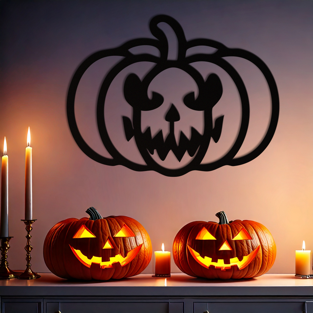 Scary Pumpkin Face Metal Wall Art – Black Steel Halloween Decor- KAF507