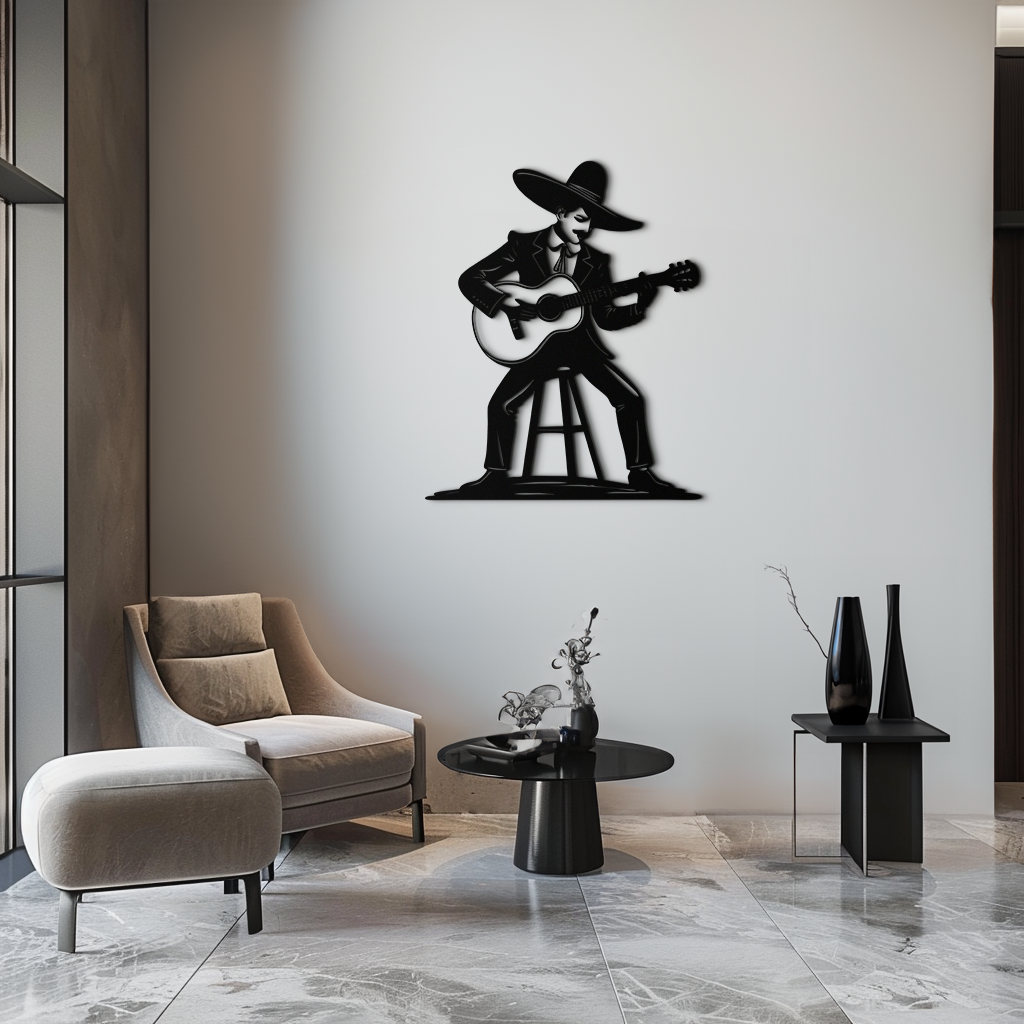Mexican Musician Metal Wall Art – Black Steel Guitarist Day of the Dead Decor- KAF510