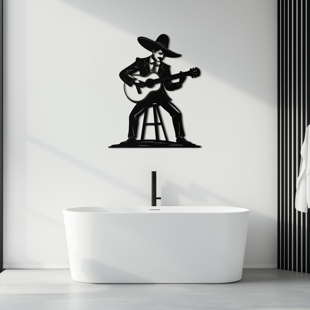 Mexican Musician Metal Wall Art – Black Steel Guitarist Day of the Dead Decor- KAF510