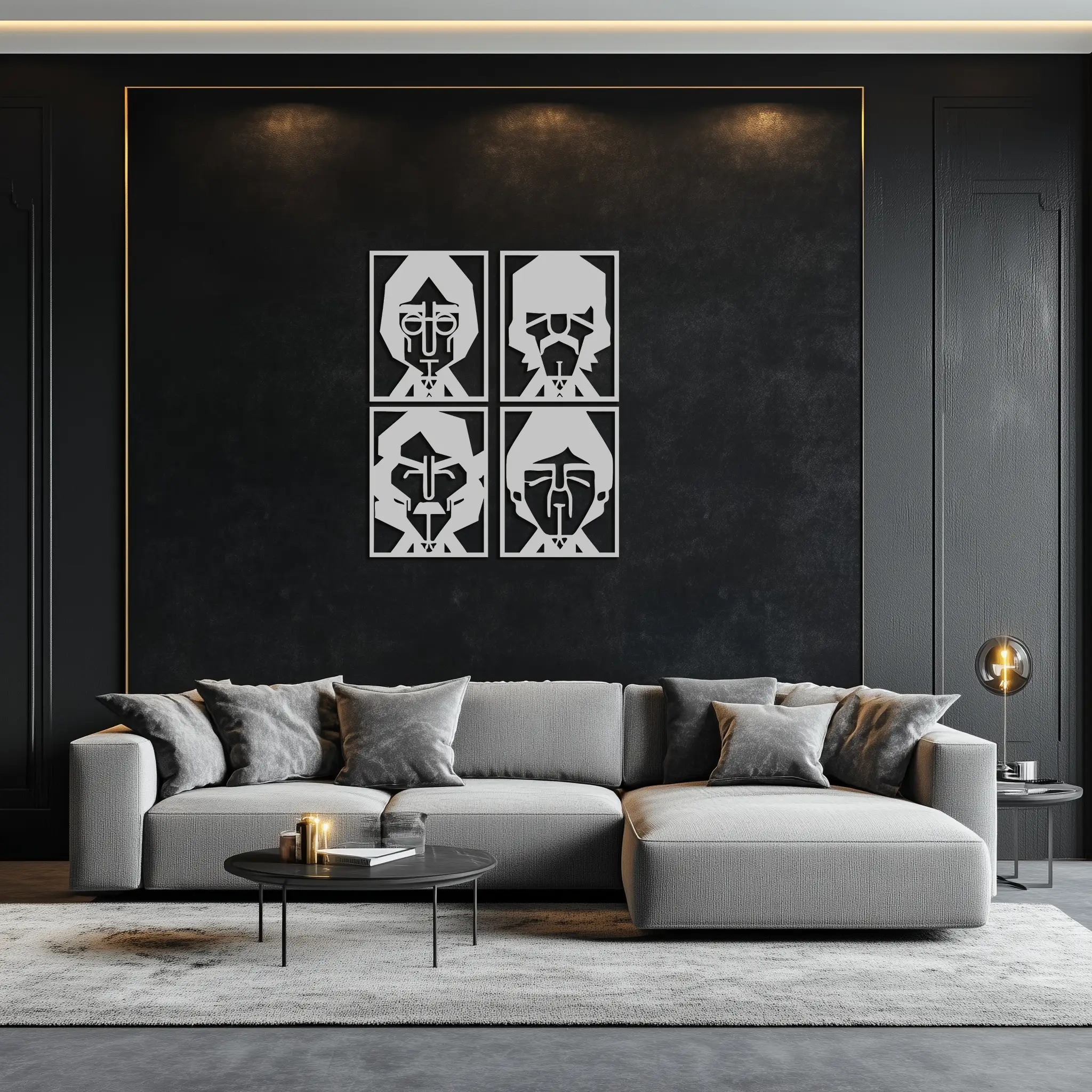 Abstract Geometric Faces Metal Wall Art - Modern Black Steel Home Decor Set of Four- KAF516