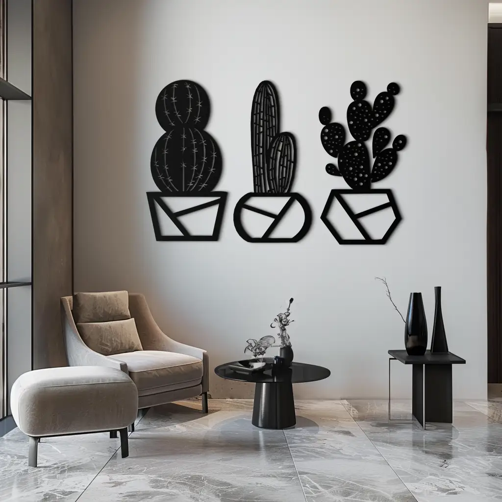 Geometric Cactus Set Metal Wall Art – Modern Black Steel Succulent Decor for Home and Office- KAF518
