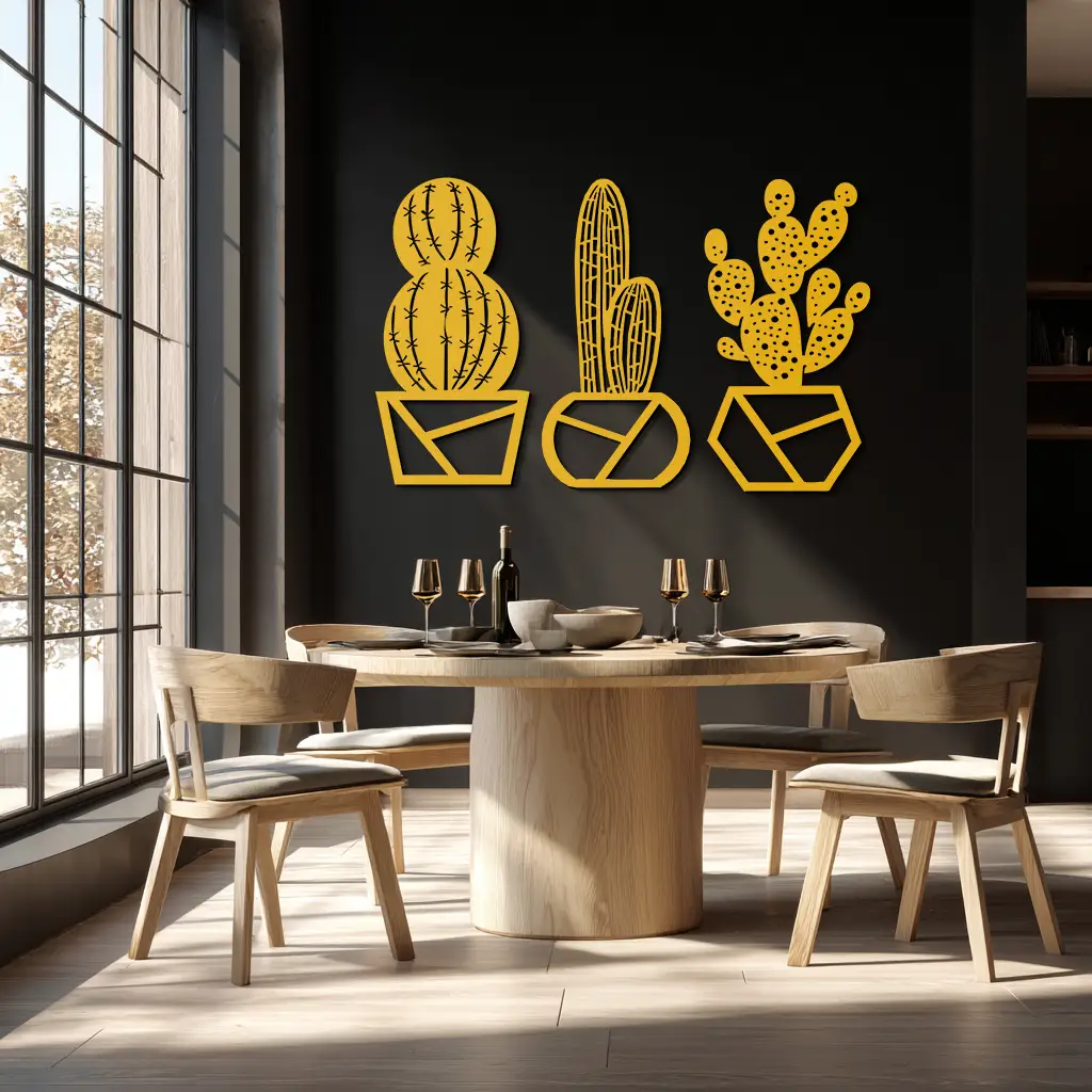 Geometric Cactus Set Metal Wall Art – Modern Black Steel Succulent Decor for Home and Office- KAF518