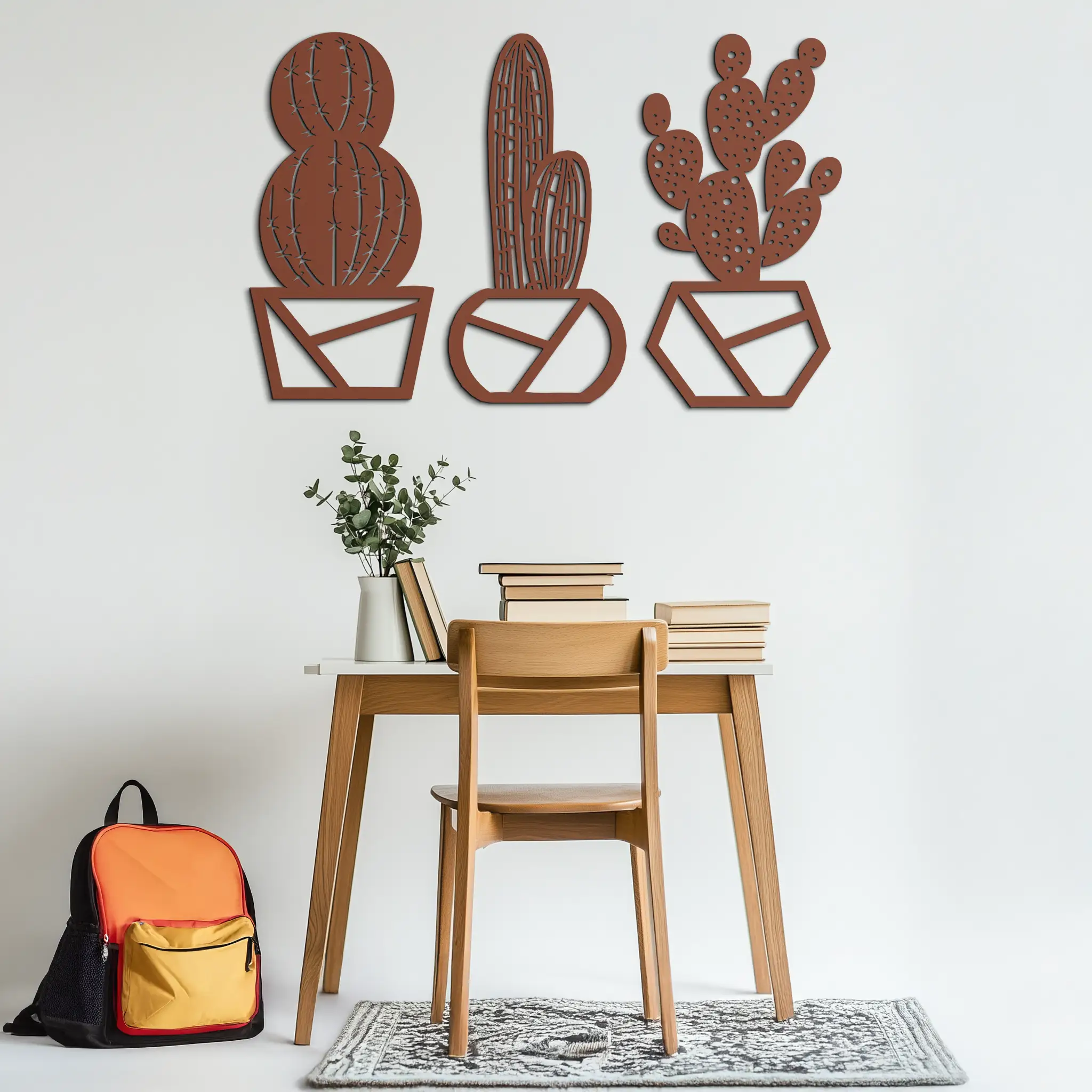 Geometric Cactus Set Metal Wall Art – Modern Black Steel Succulent Decor for Home and Office- KAF518
