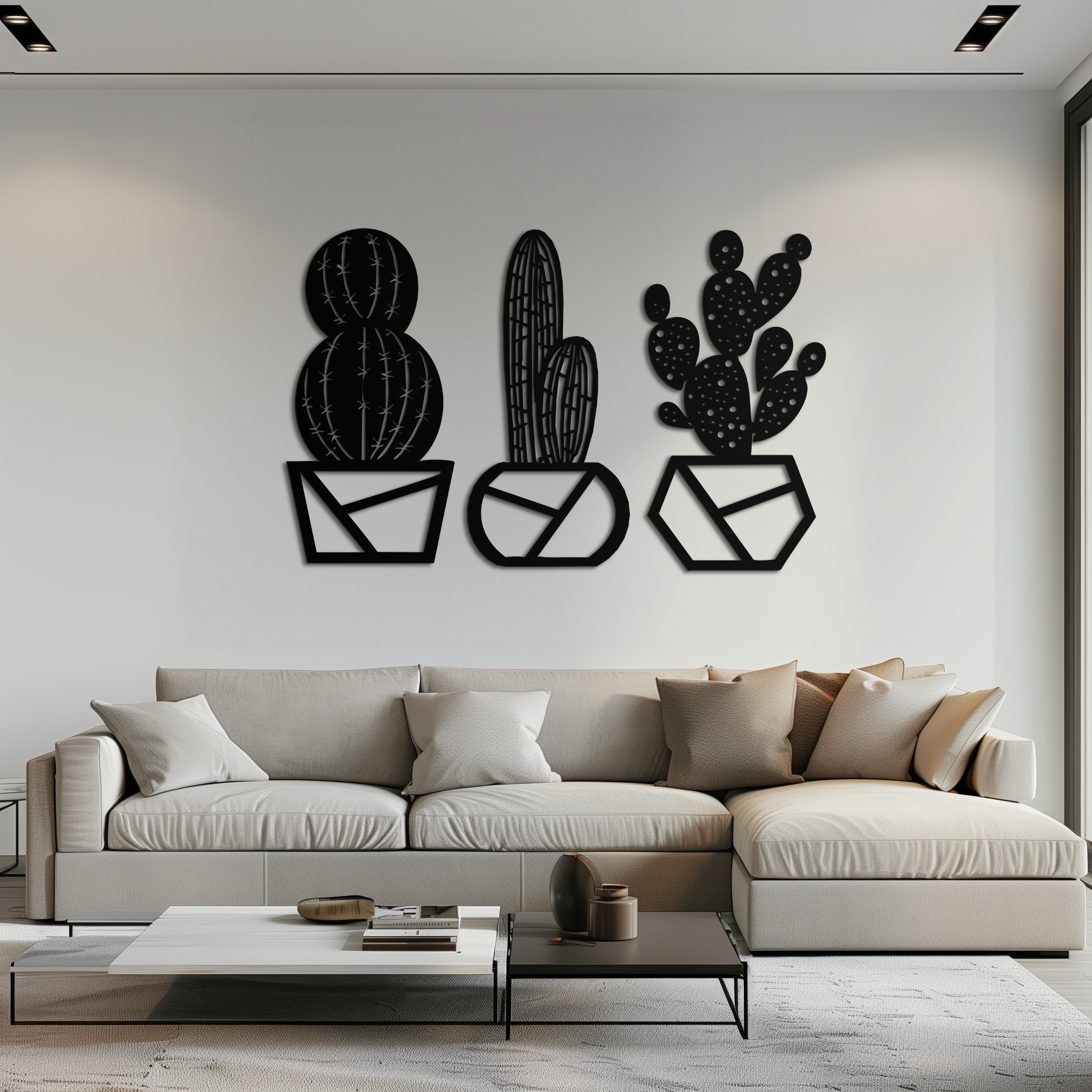 Geometric Cactus Set Metal Wall Art – Modern Black Steel Succulent Decor for Home and Office- KAF518
