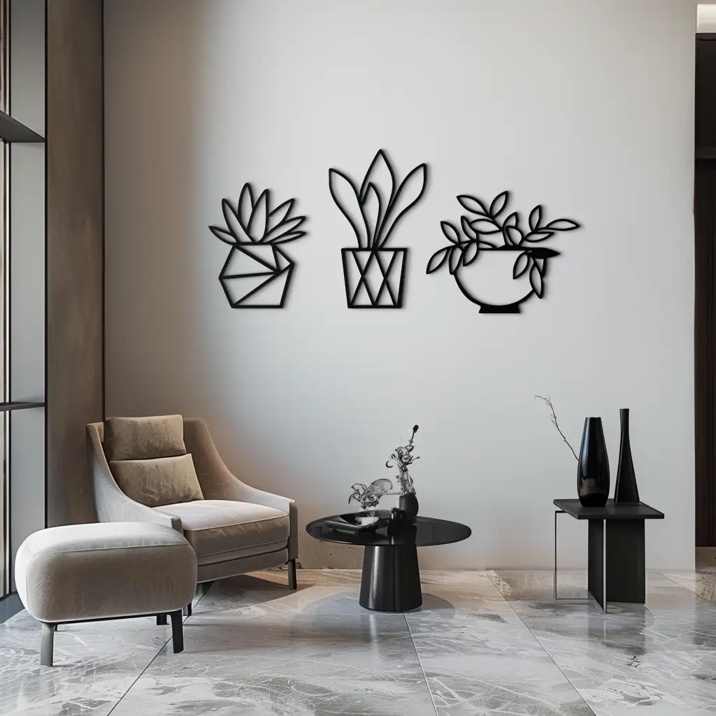 Geometric Plant Silhouette Metal Wall Art – Modern Black Botanical Home Decor- KAF519