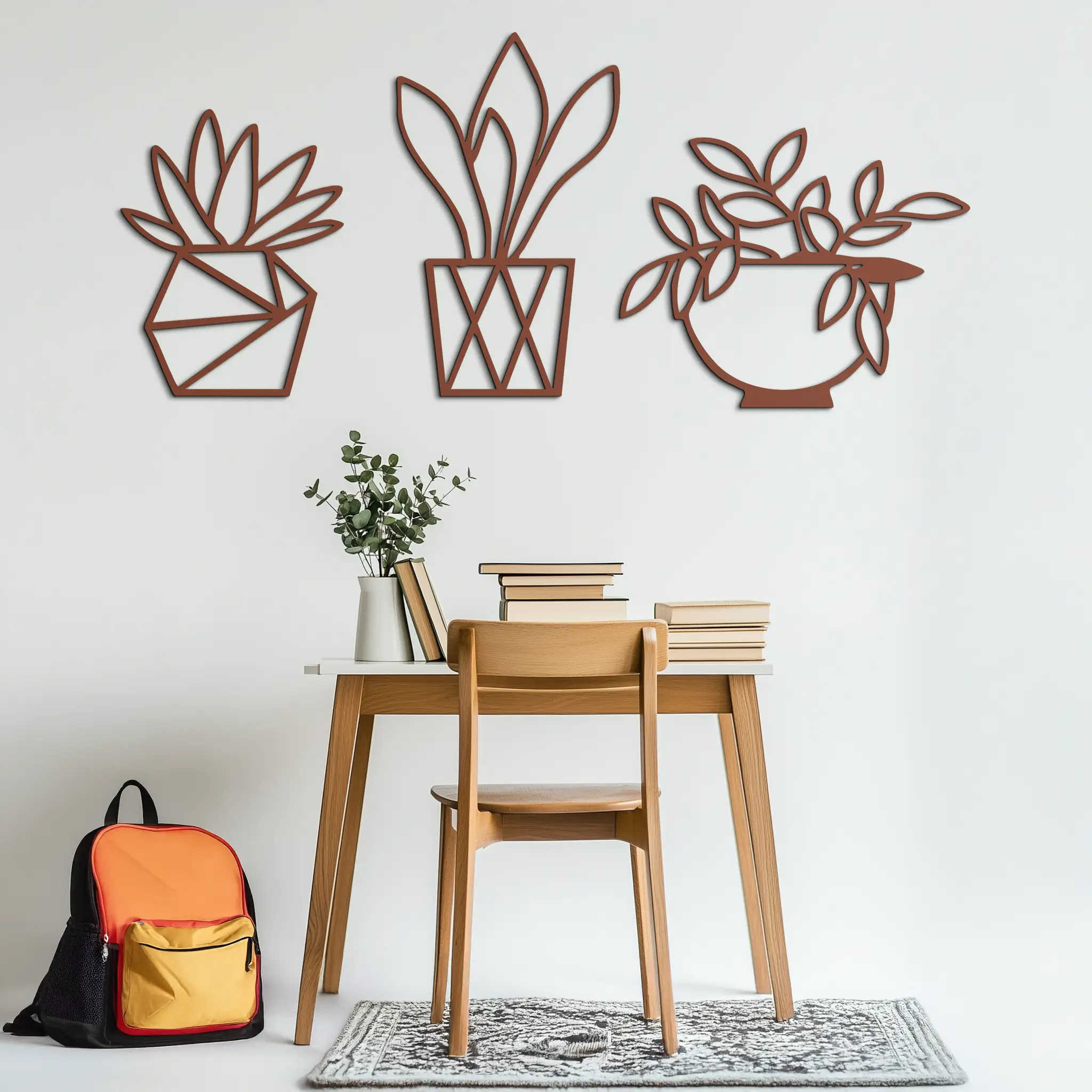 Geometric Plant Silhouette Metal Wall Art – Modern Black Botanical Home Decor- KAF519