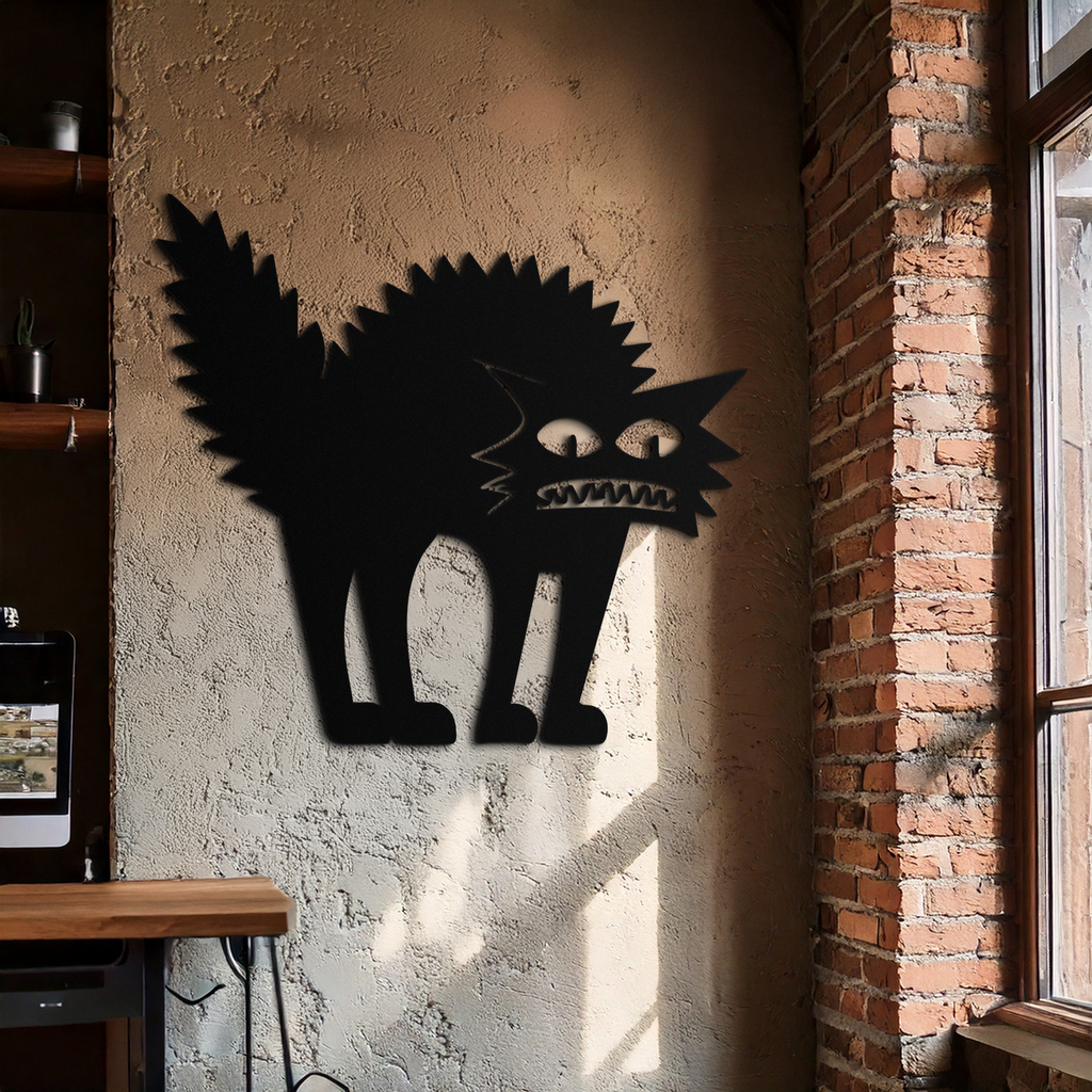 Scared Cat Silhouette Metal Wall Art – Modern Black Cat Halloween Home Decor- KAF524