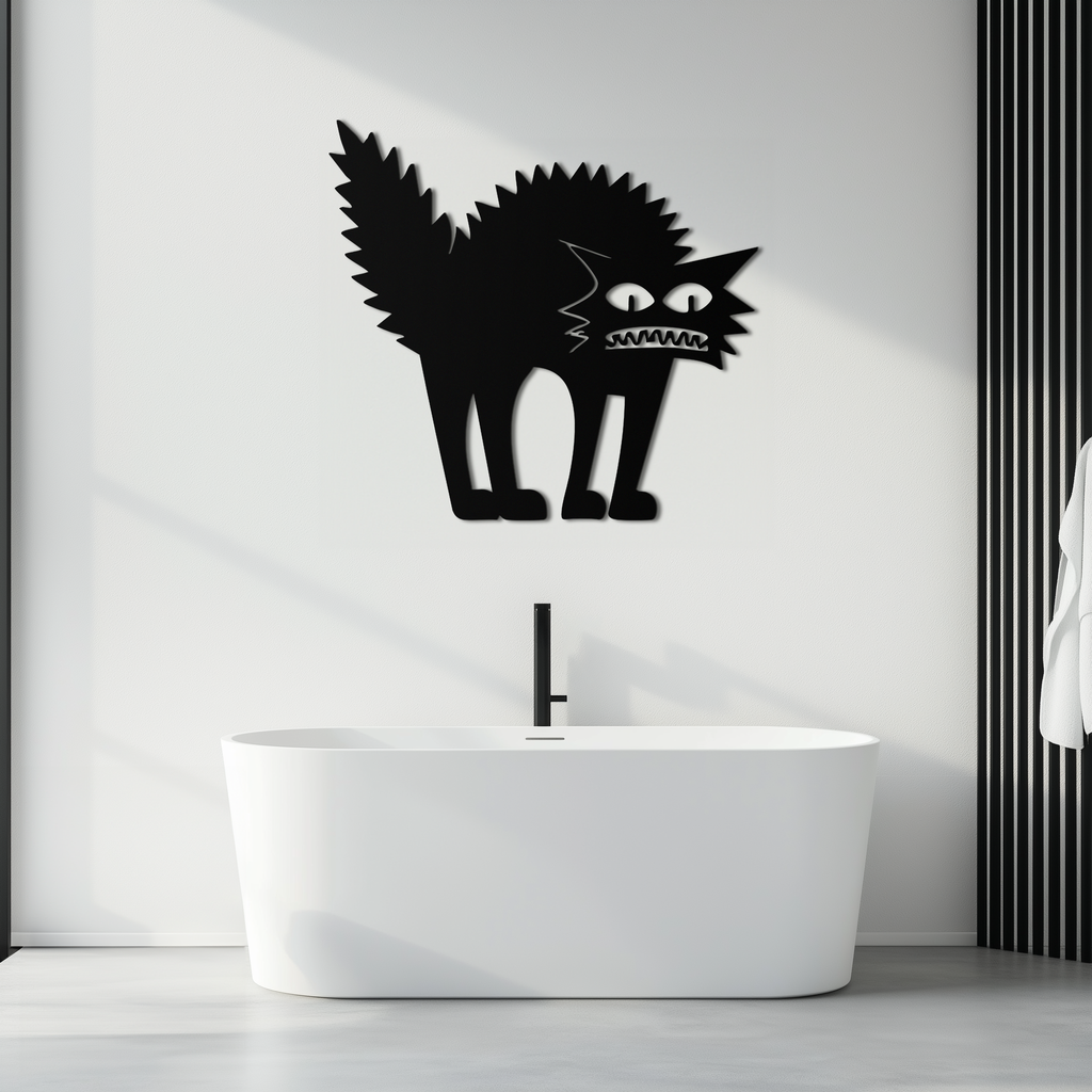 Scared Cat Silhouette Metal Wall Art – Modern Black Cat Halloween Home Decor- KAF524