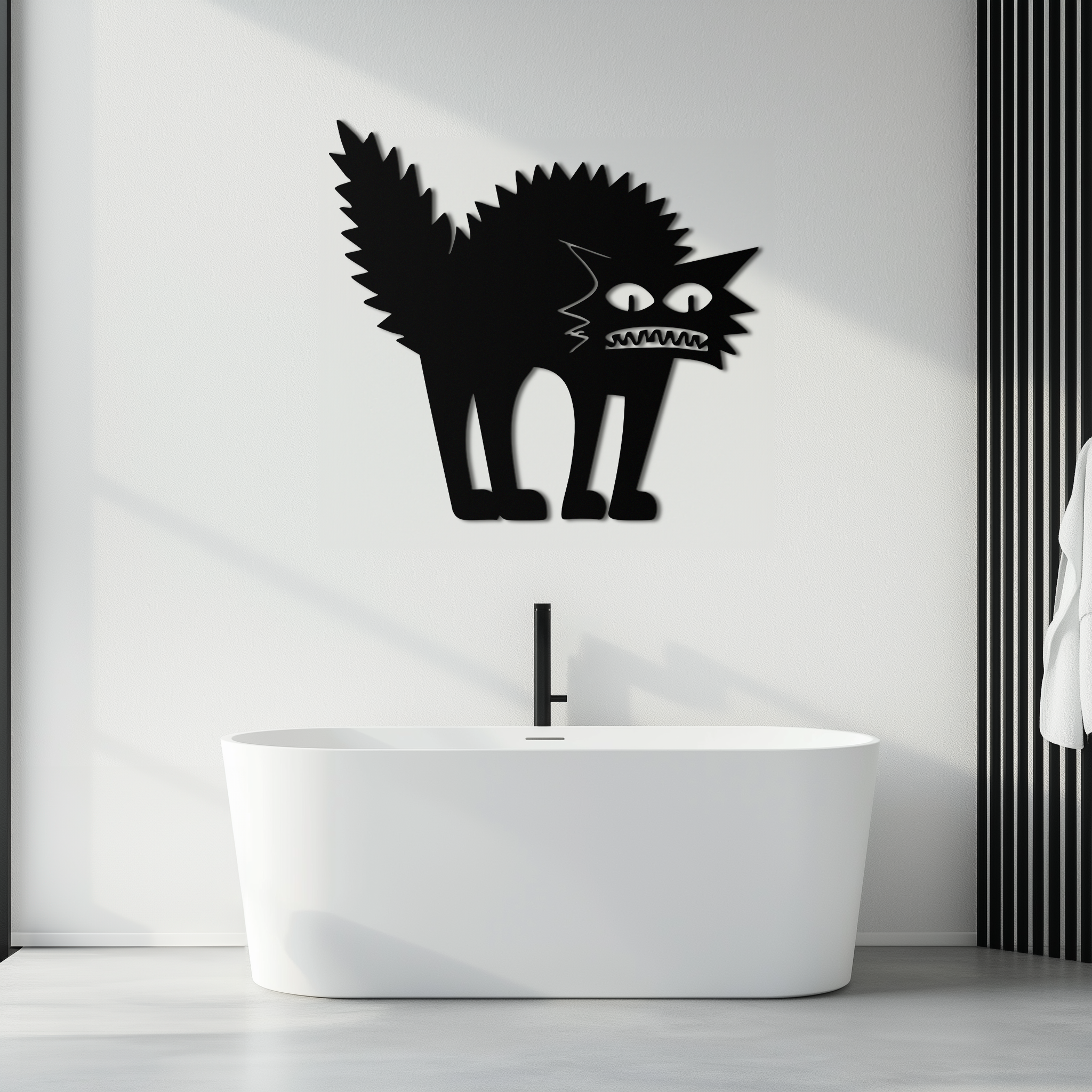 Scared Cat Silhouette Metal Wall Art – Modern Black Cat Halloween Home Decor- KAF524